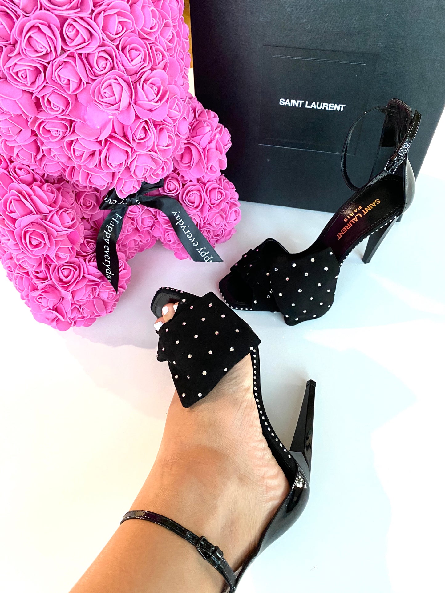 SAINT LAURENT FREJA BLACK SUEDE BOW CRYSTAL STRASS OPEN TOE SANDAL SHOES