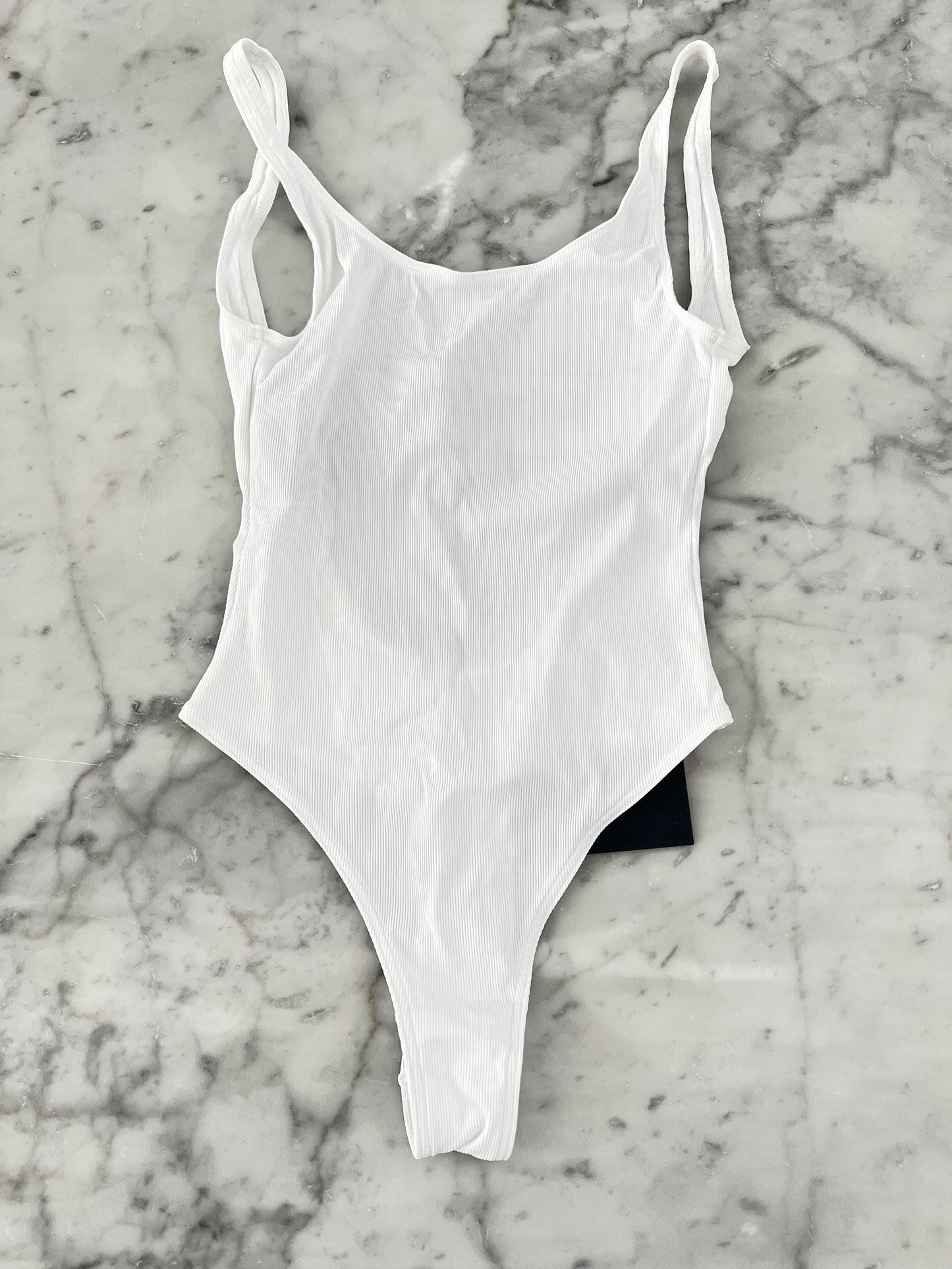 Palm Angels White One Piece Black Strap Ribbed Swimsuit