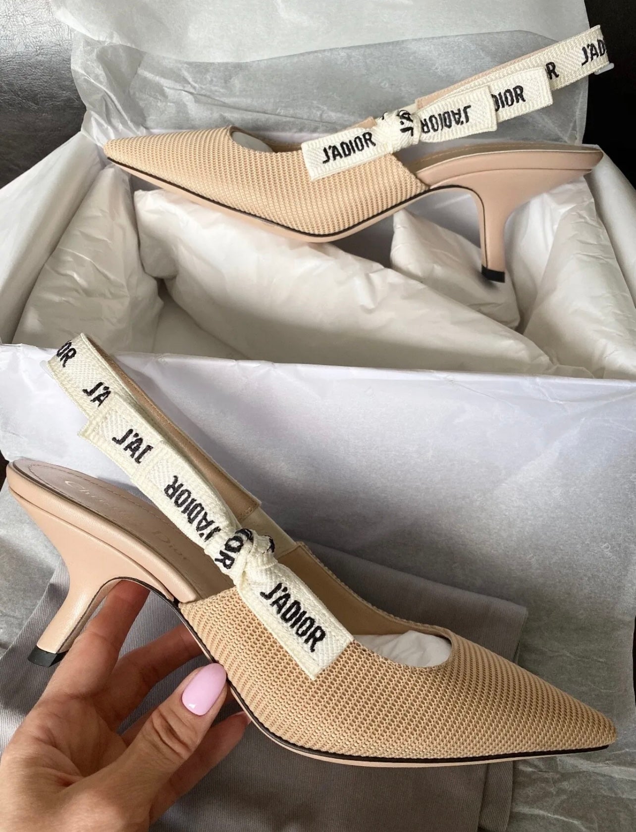 CHRISTIAN DIOR J ADIOR FABRIC RIBBON BEIGE KITTEN HEEL SHOES SLINGBACKS