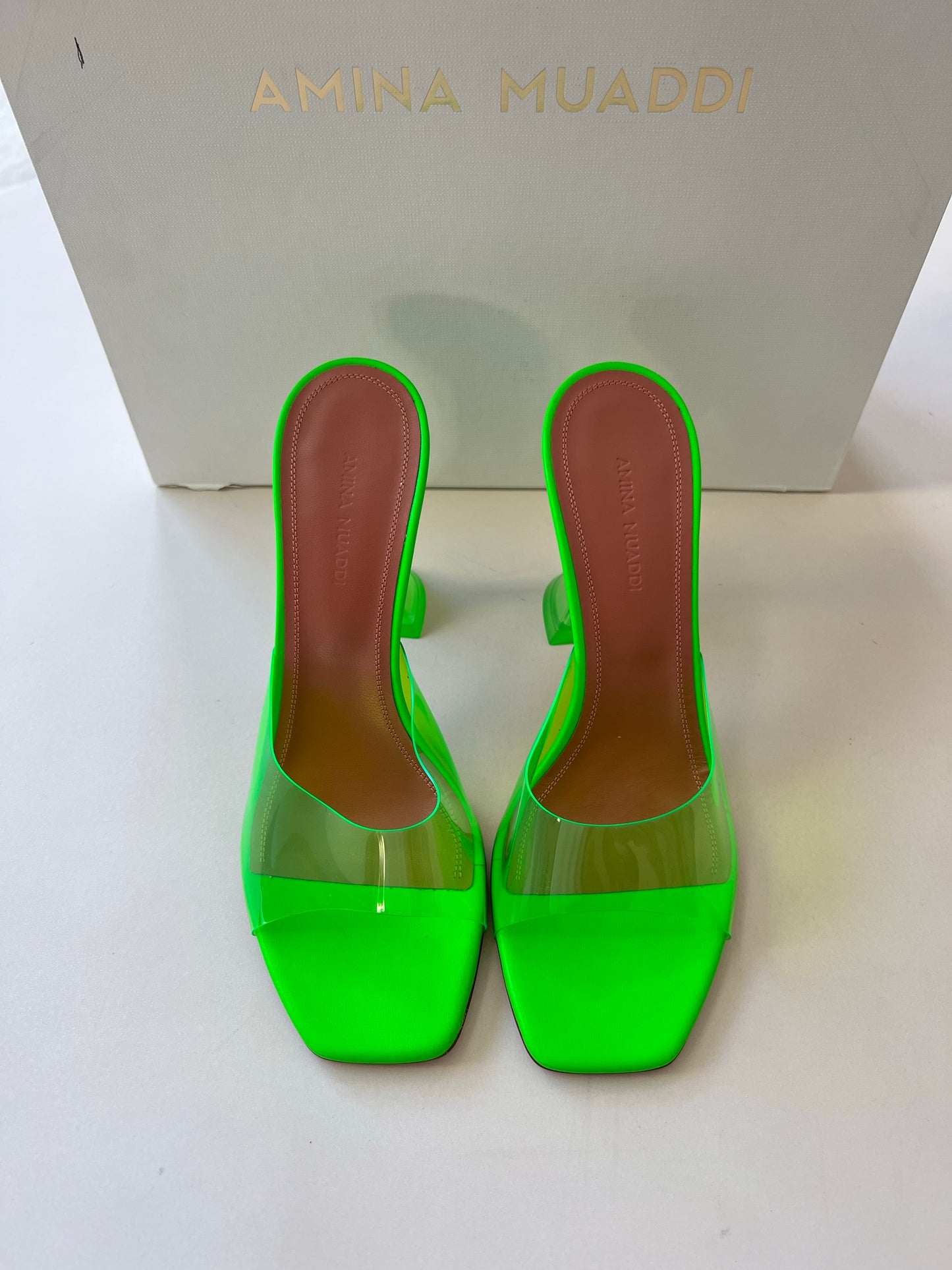 Amina Muaddi Lupita Glass PVC Green Neon Transparent Mule Pumps Mules