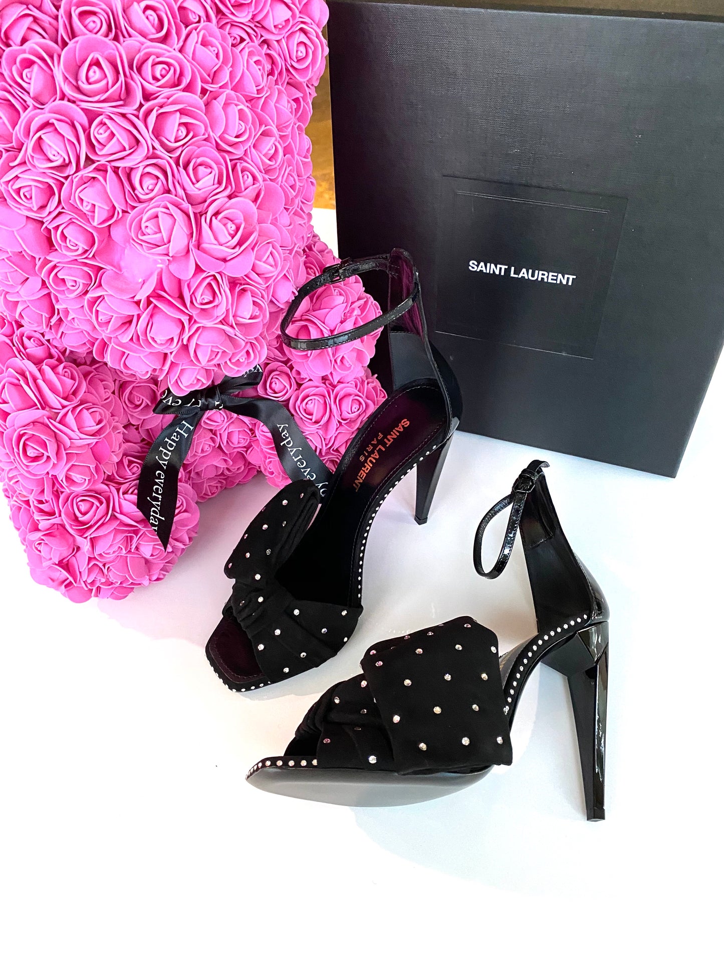 SAINT LAURENT FREJA BLACK SUEDE BOW CRYSTAL STRASS OPEN TOE SANDAL SHOES