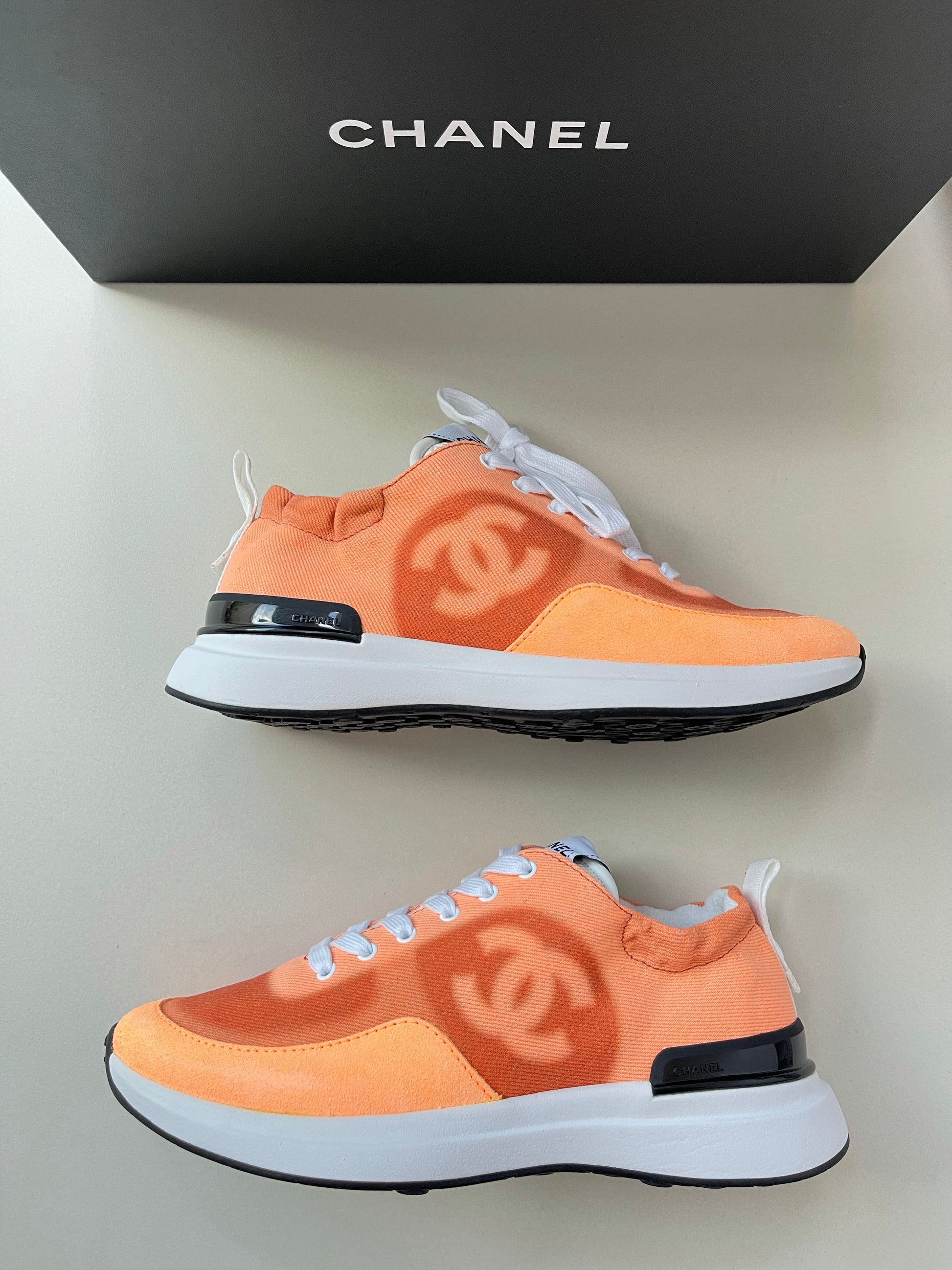 Chanel Denim Suede Calfskin Neon Orange CC Logo Trainers Sneakers