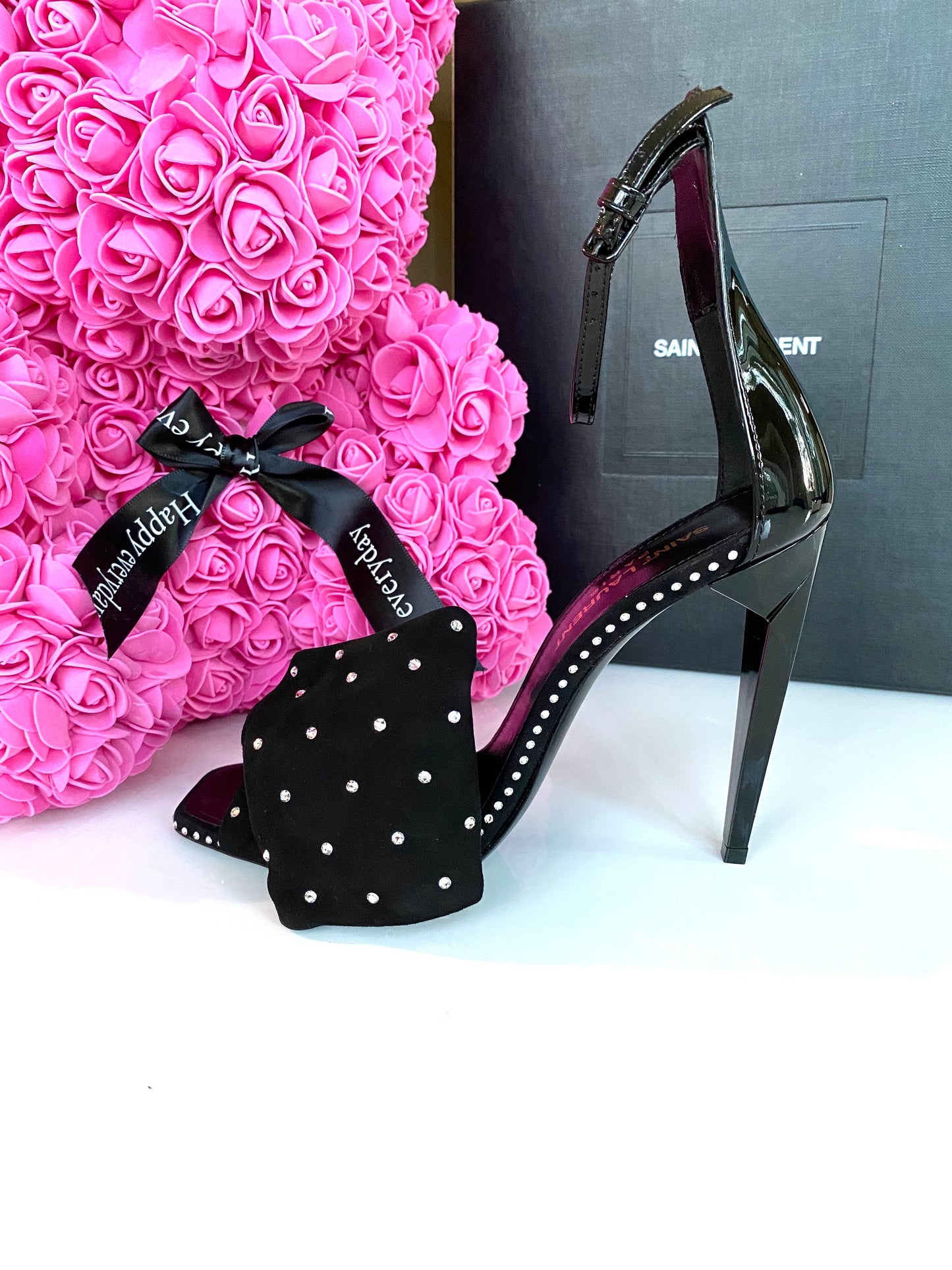 SAINT LAURENT FREJA BLACK SUEDE BOW CRYSTAL STRASS OPEN TOE SANDAL SHOES