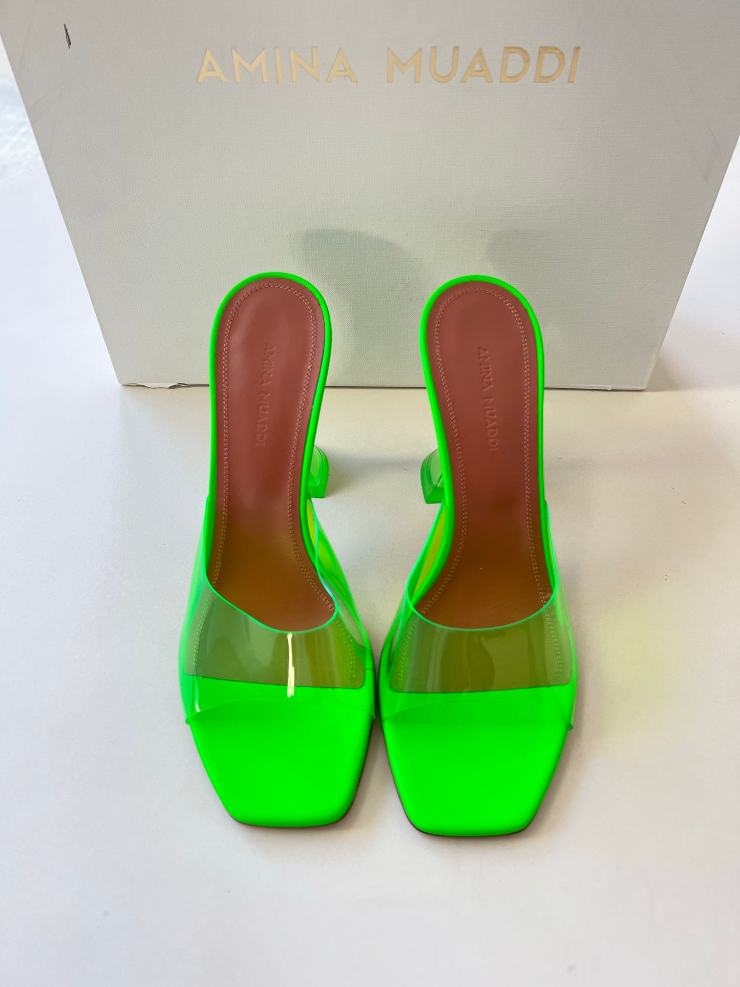 Amina Muaddi Lupita Glass PVC Green Neon Transparent Mule Pumps Mules