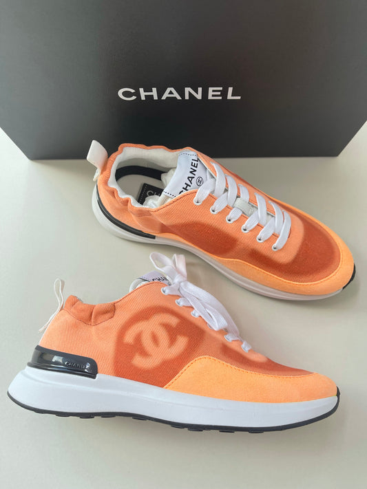 Chanel Denim Suede Calfskin Neon Orange CC Logo Trainers Sneakers