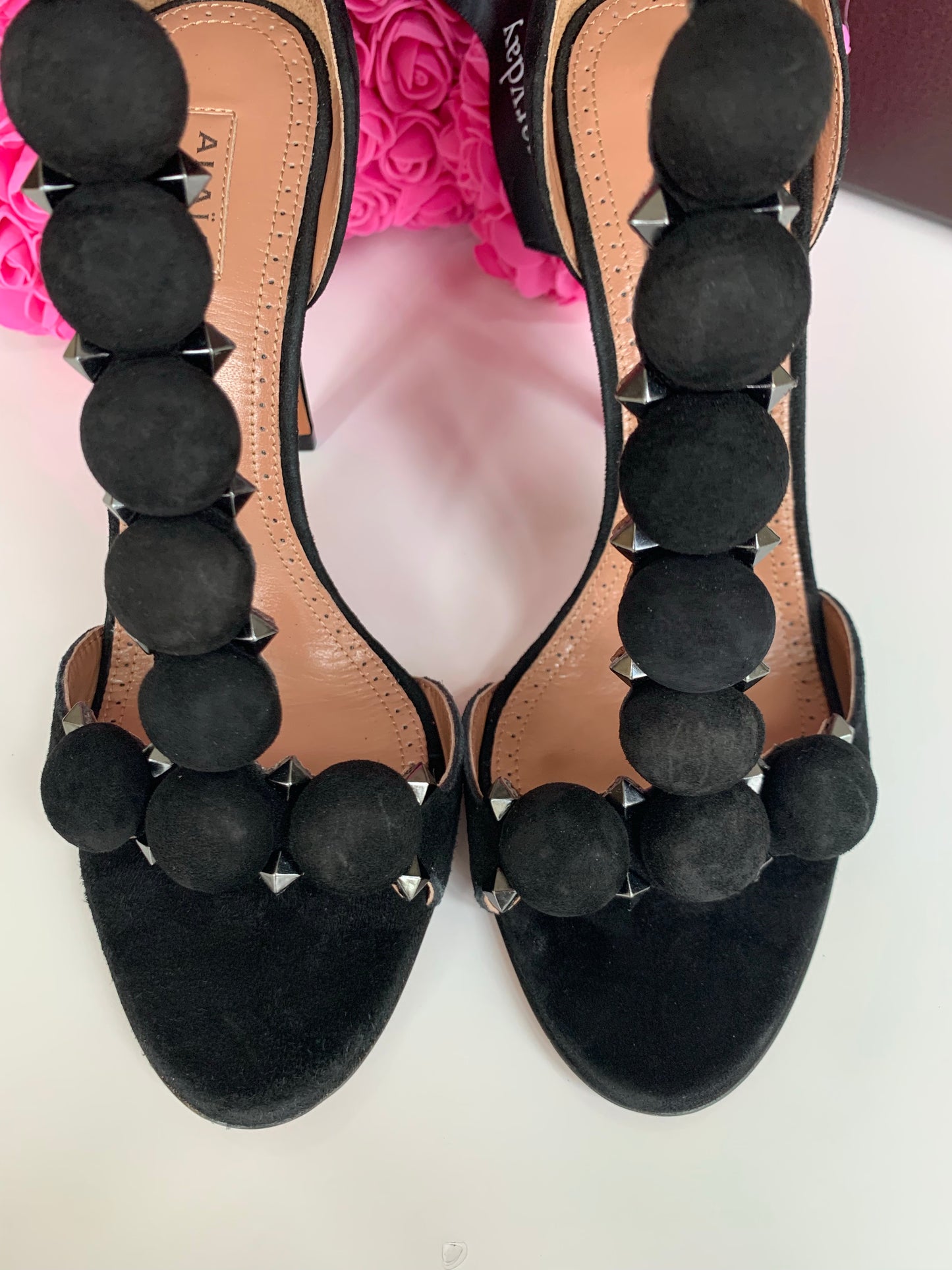 $1.5 K Alaia Black Suede T-Strap Bombe Sandals Shoes Open Toe Heels