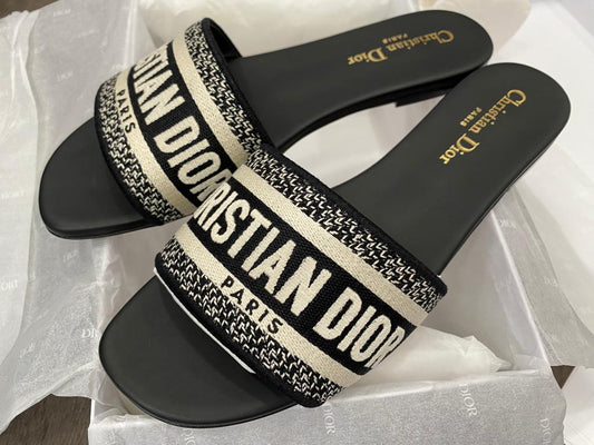 Dior Dway Black Fabric Slides Sandals Logo