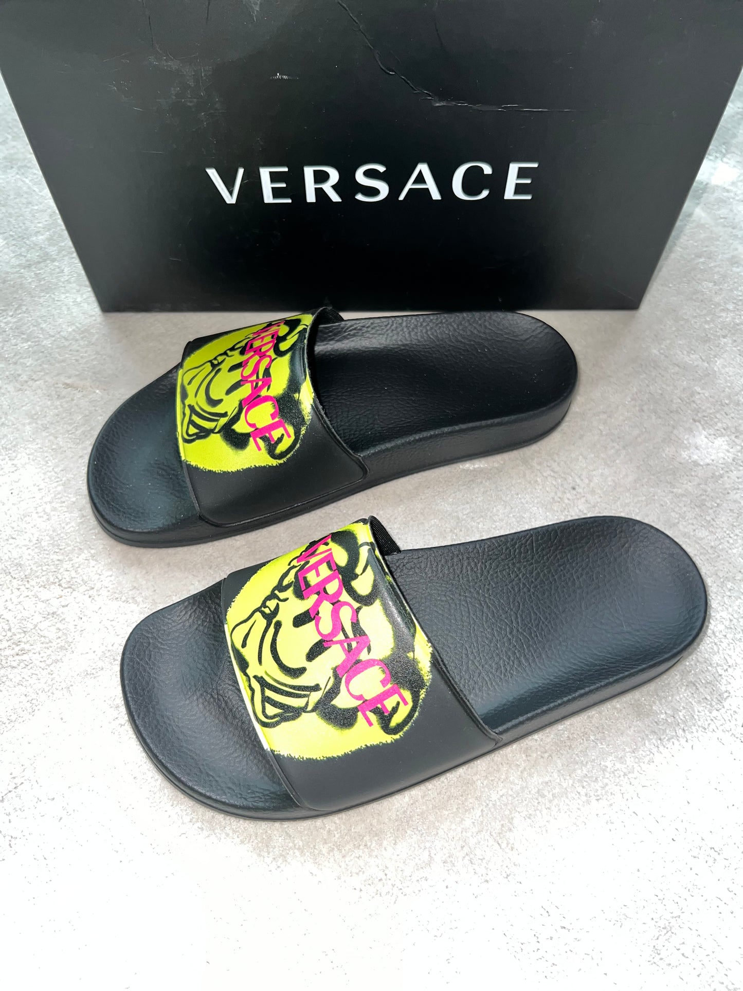 Versace Medusa Smiley Face Black Yellow Pool Slides Sandals