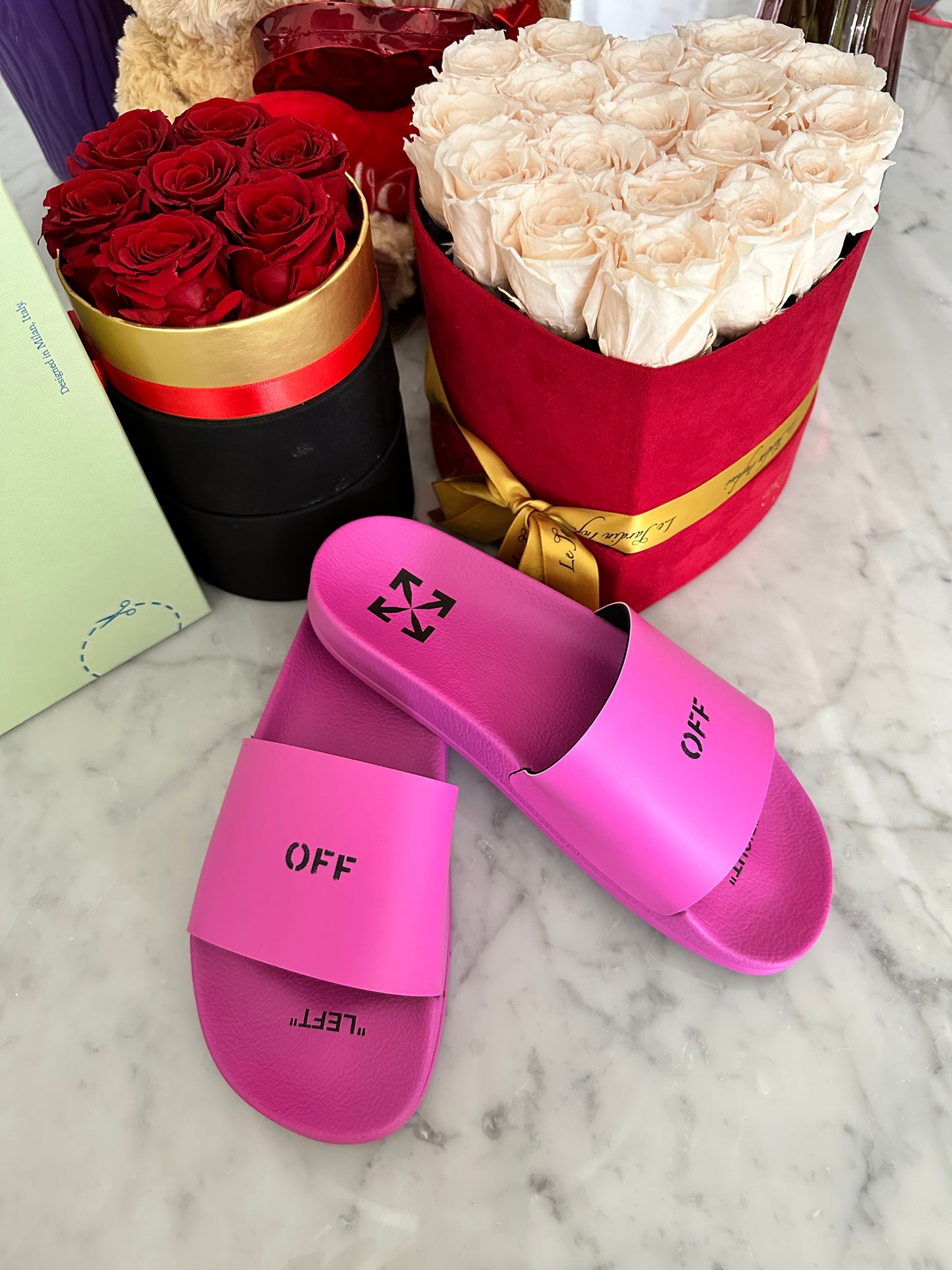 Off-White Pink Magenta Logo Rubber Pool Slides Sandals