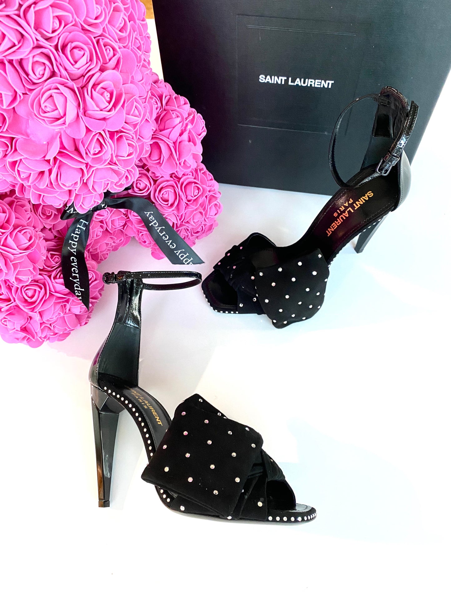 SAINT LAURENT FREJA BLACK SUEDE BOW CRYSTAL STRASS OPEN TOE SANDAL SHOES