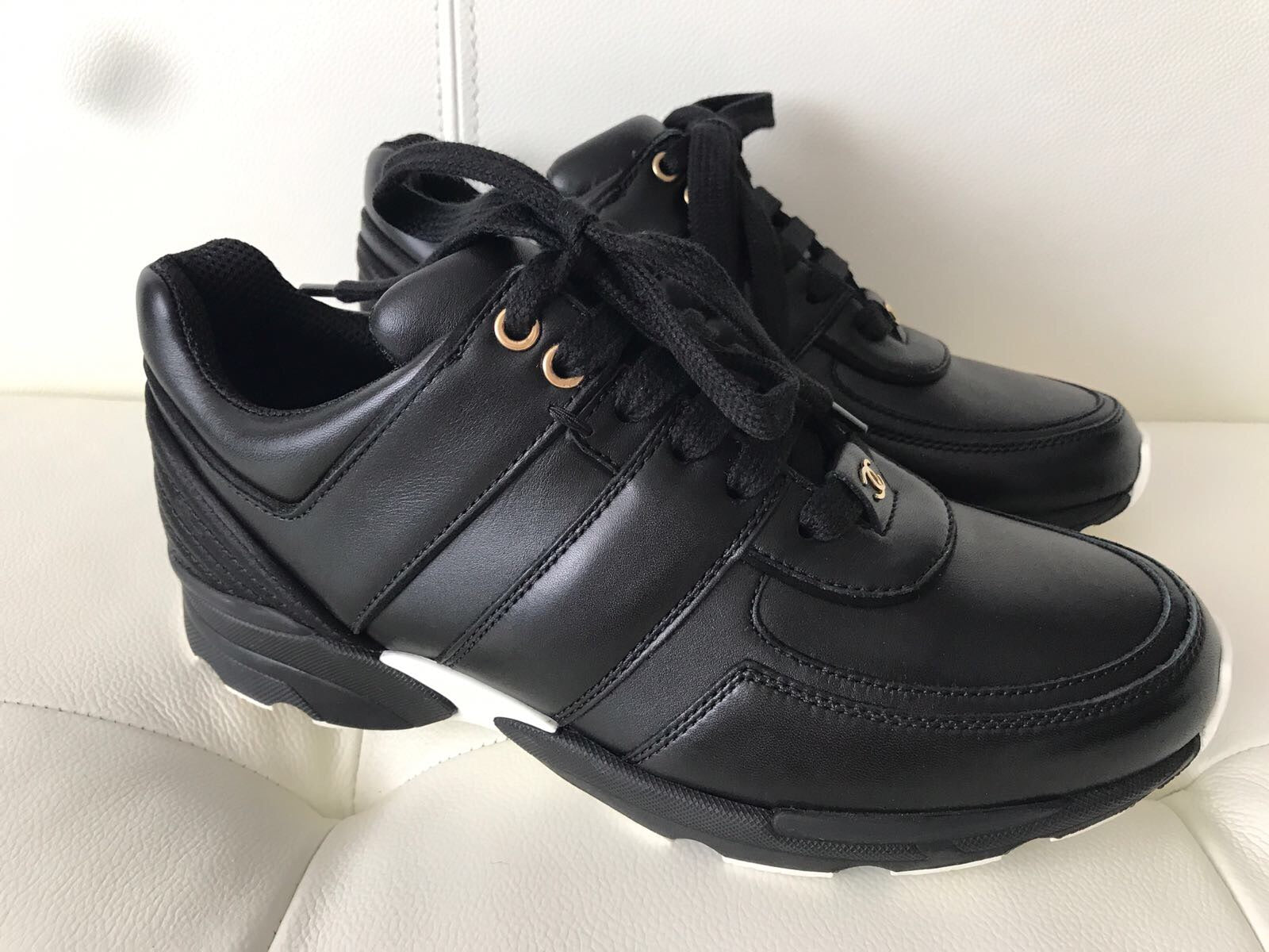 Chanel CC Logo Black Leather Lace Up Tennis Shoes Trainer Sneakers – Miami  Lux Boutique