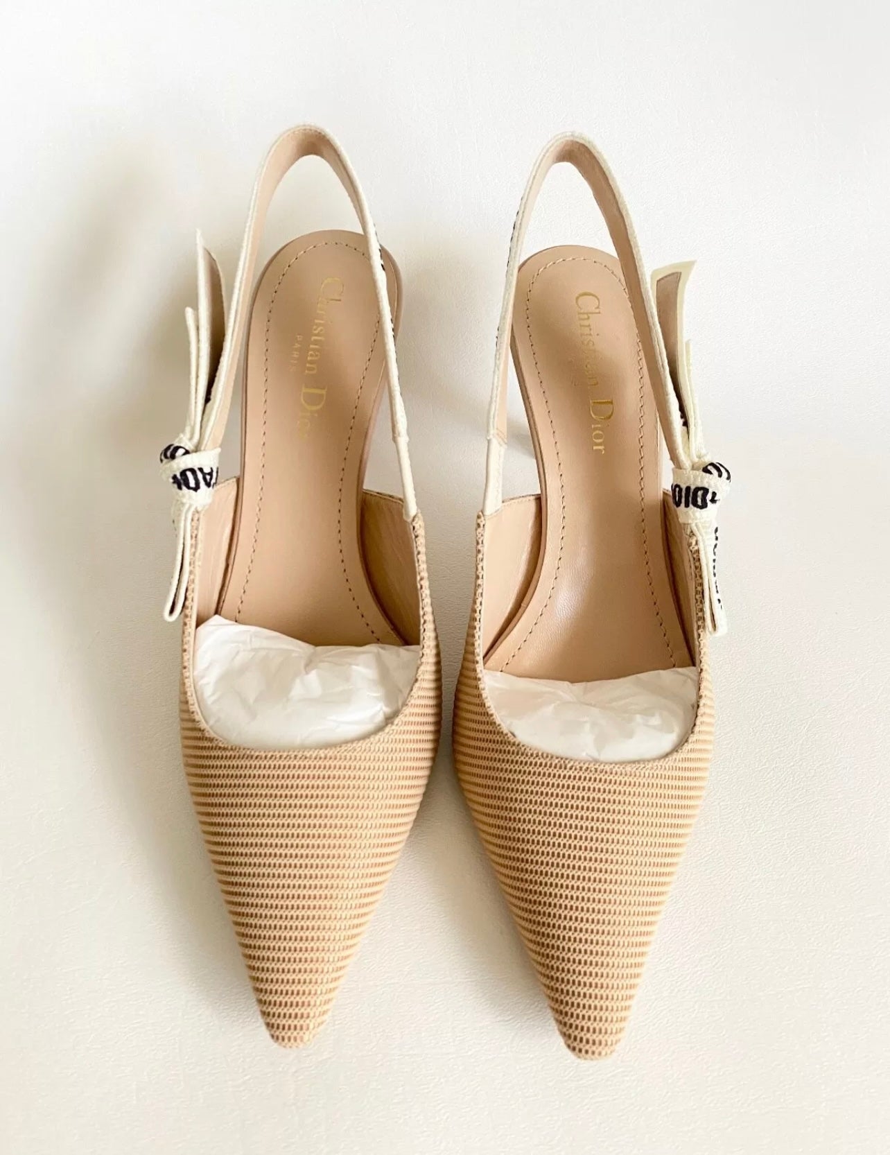 CHRISTIAN DIOR J'ADIOR FABRIC & RIBBON BEIGE KITTEN HEEL SHOES SLINGBACKS