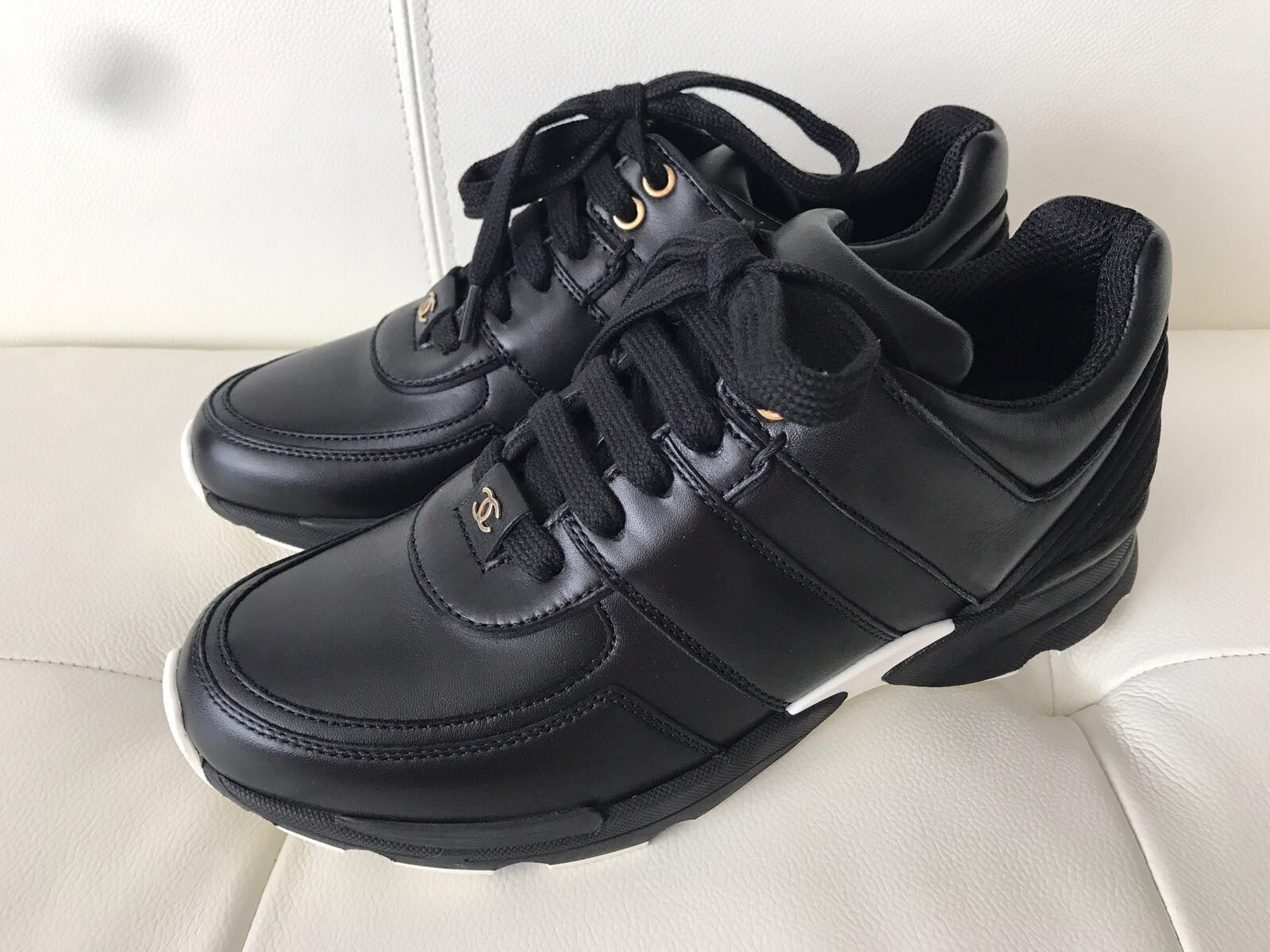 Chanel CC Logo Black Leather Lace Up Tennis Shoes Trainer Sneakers – Miami  Lux Boutique