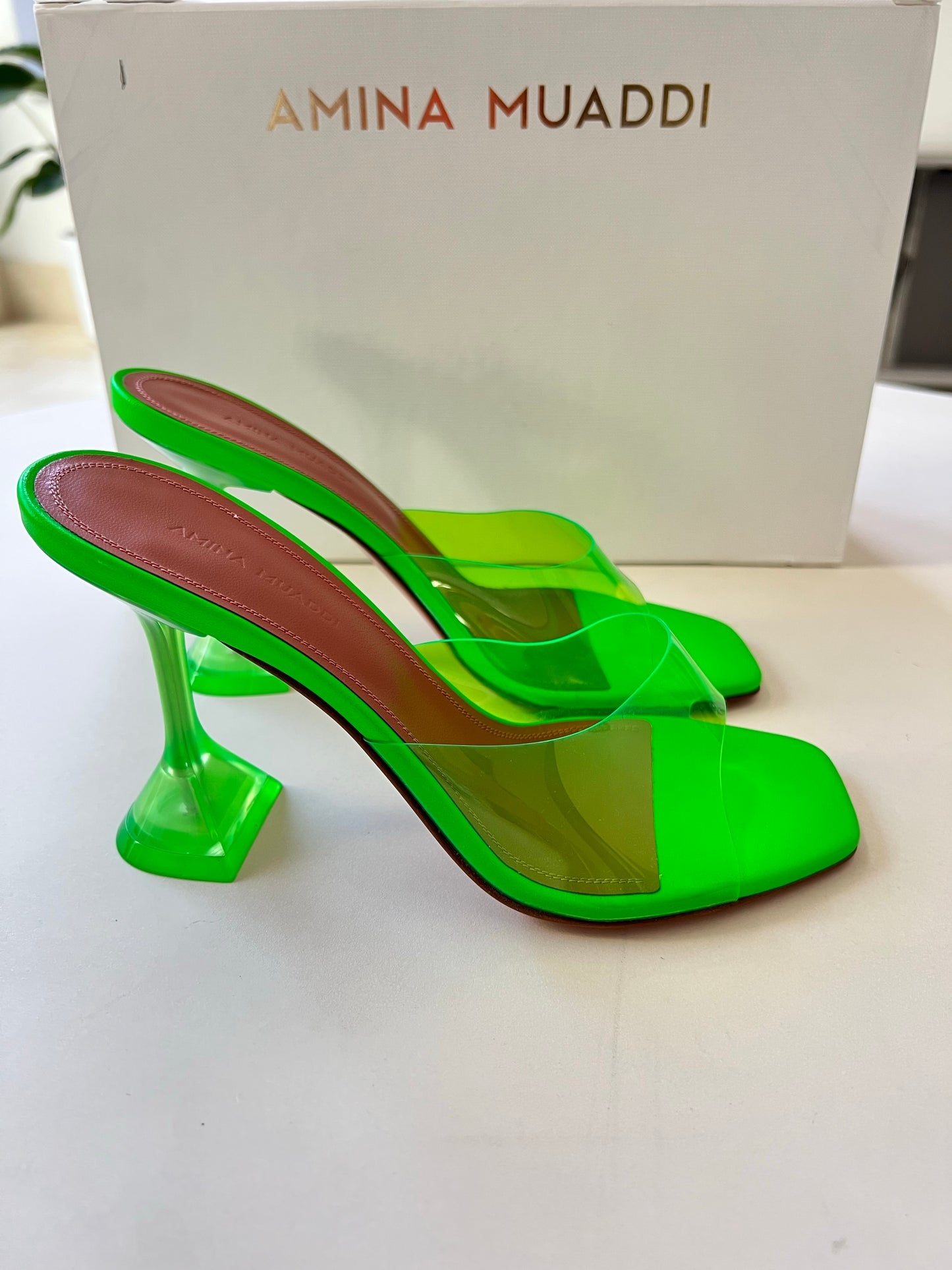 Amina Muaddi Lupita Glass PVC Green Neon Transparent Mule Pumps Mules