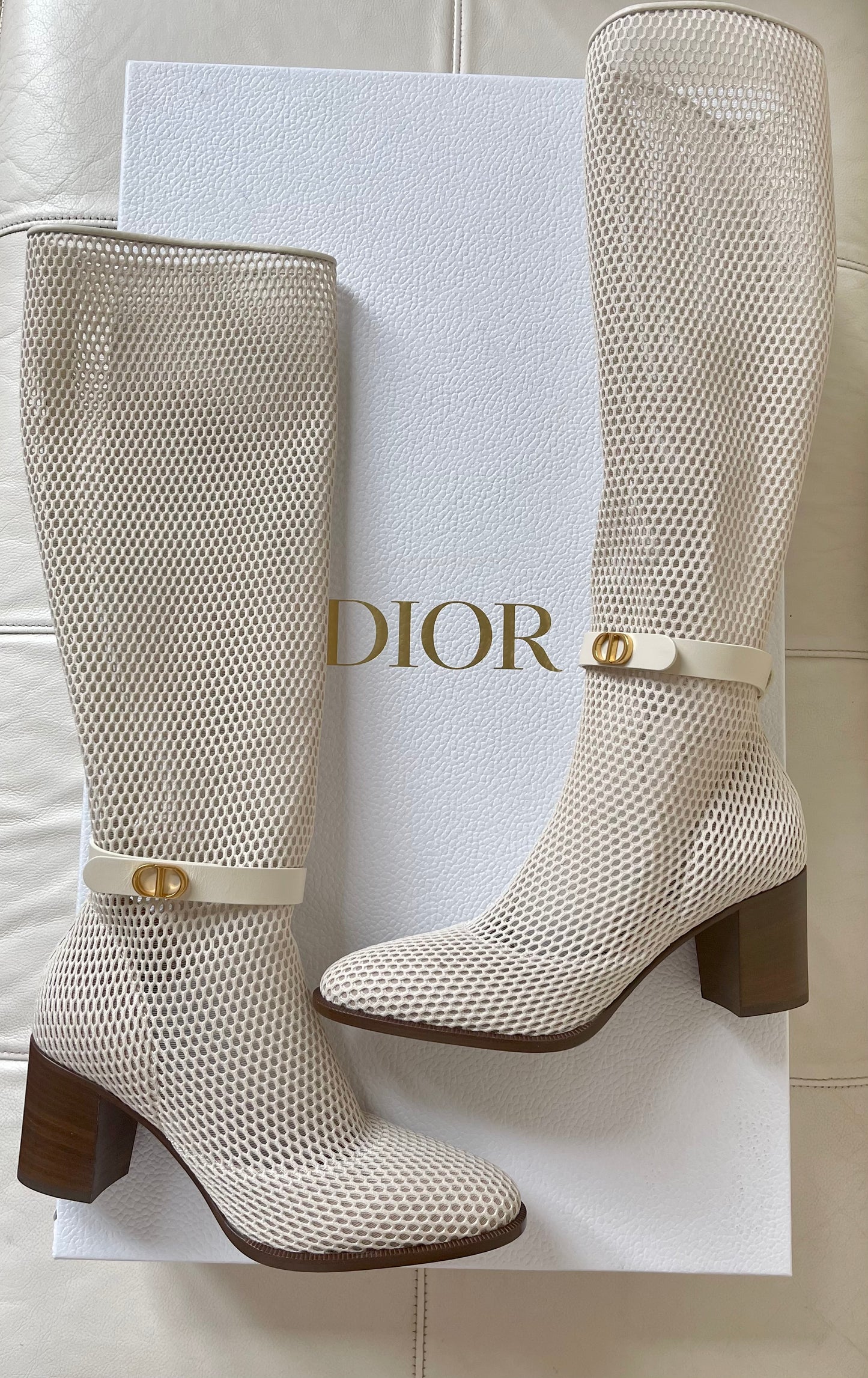 Dior Empreinte Montaigne 70 mm Off White Knee High Pull On Caged Boots