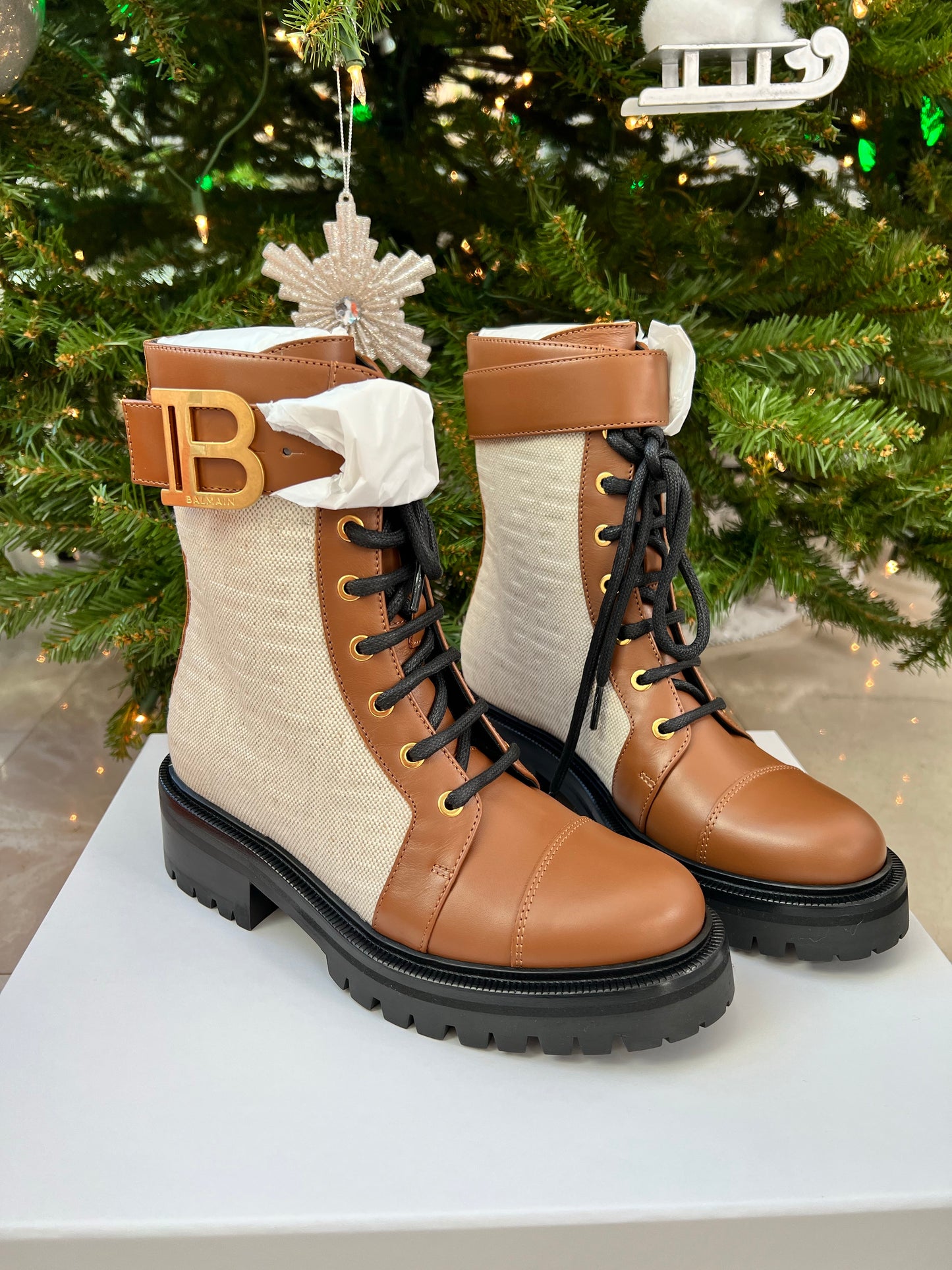 Balmain Ranger Romy Monogram Combat Brown Buckle Ankle Booties Boots