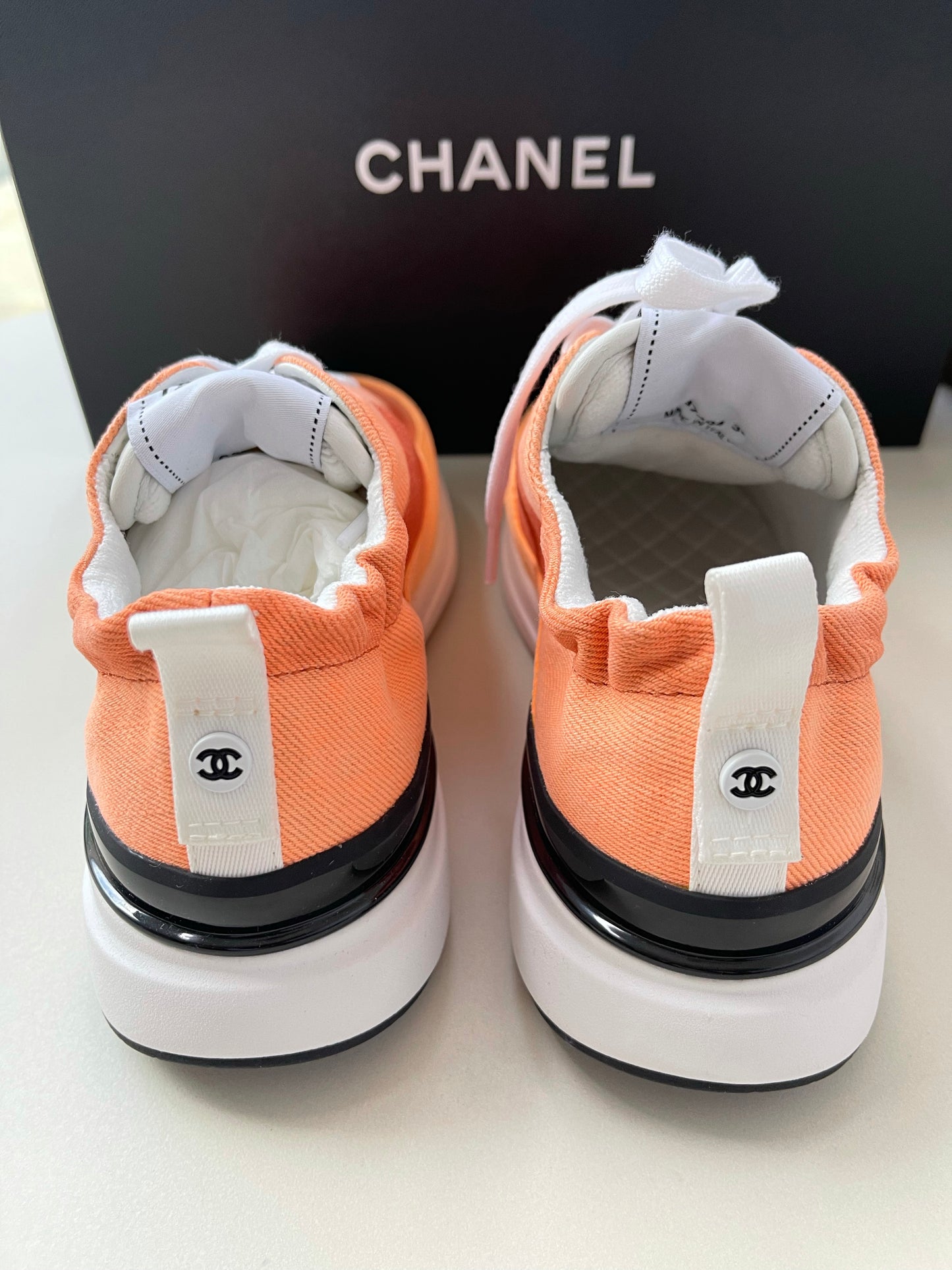 Chanel Denim Suede Calfskin Neon Orange CC Logo Trainers Sneakers