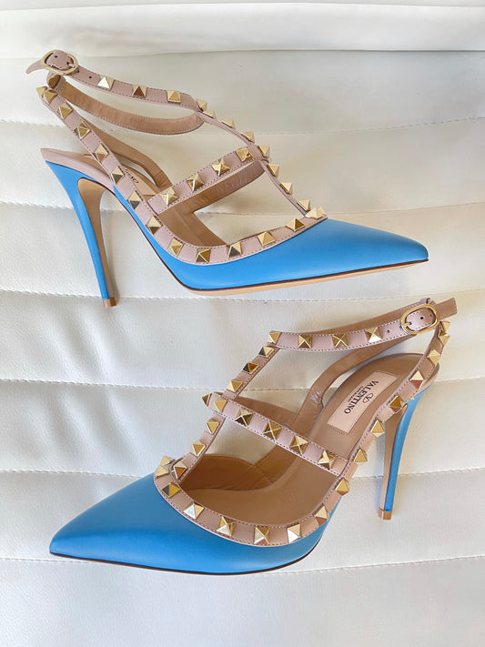 Valentino Garavani Rockstud Rockstuds Studded Ankle Strap Blue Ciel Pumps