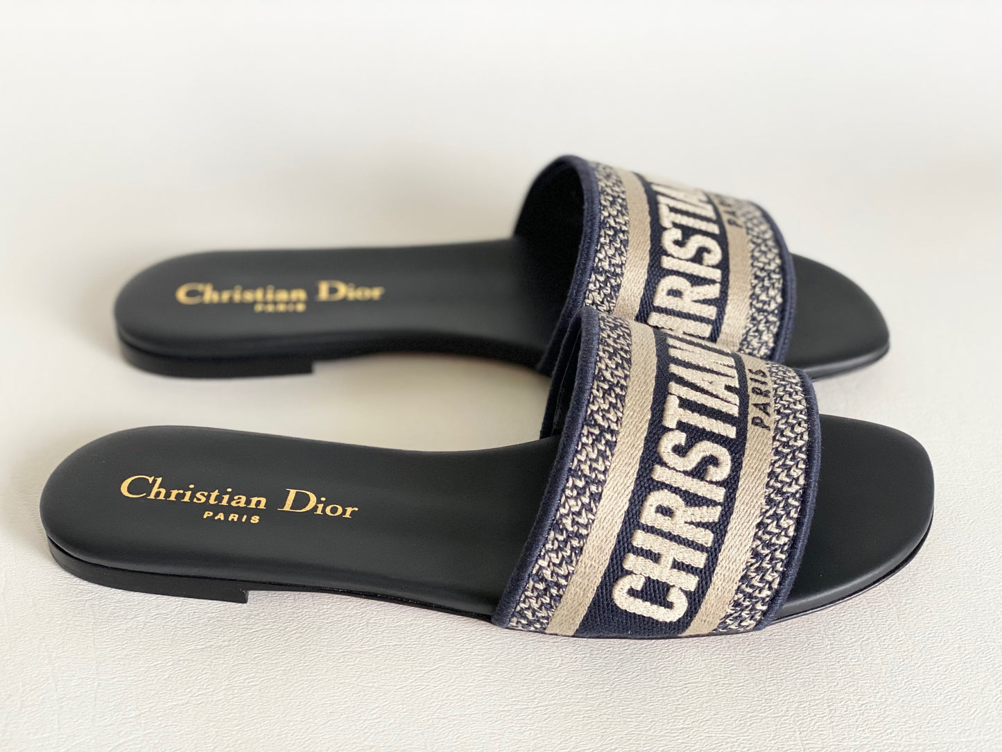 Dior Dway Deep Blue Embroidered Cotton Logo Slides