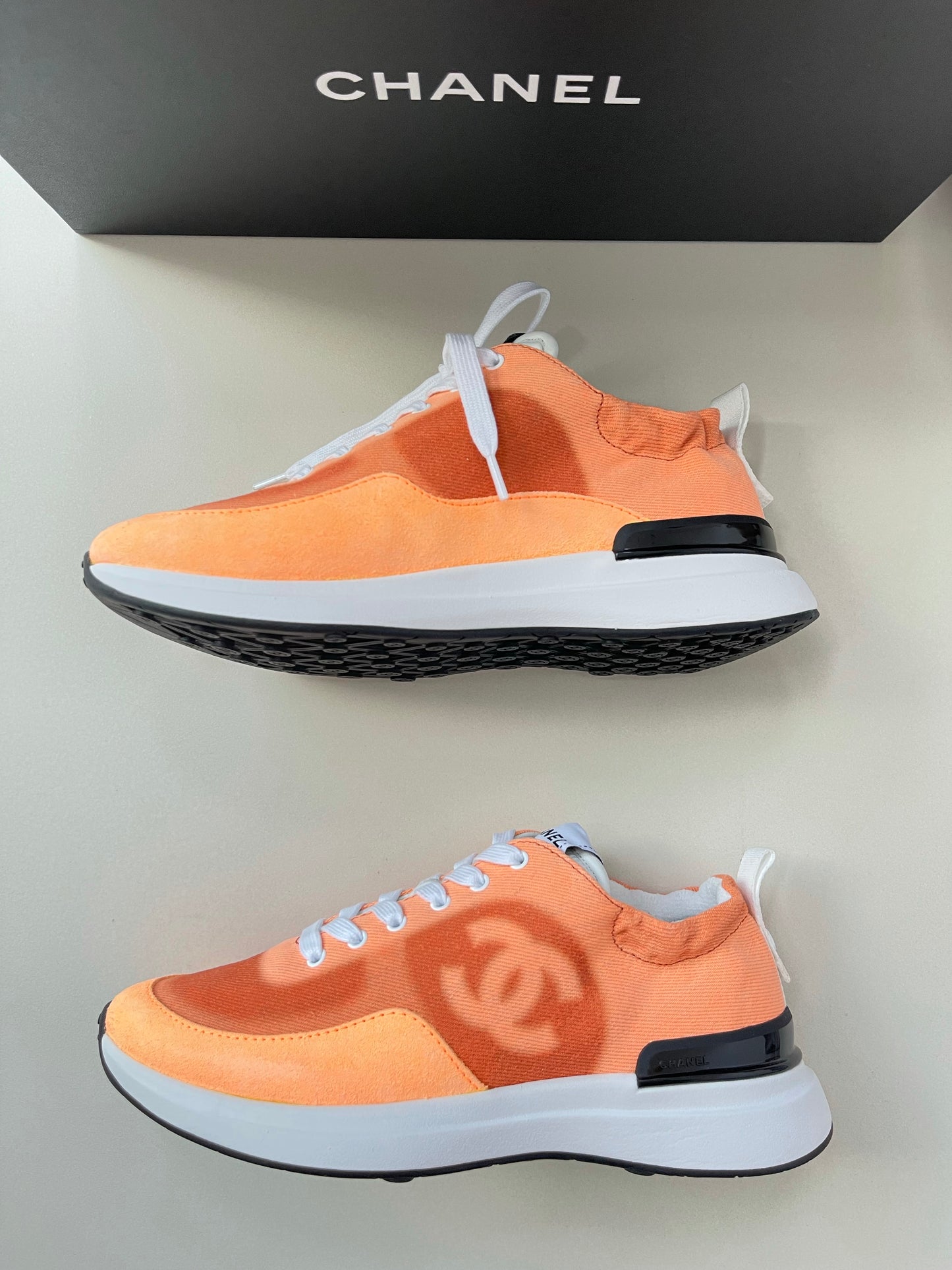 Chanel Denim Suede Calfskin Neon Orange CC Logo Trainers Sneakers