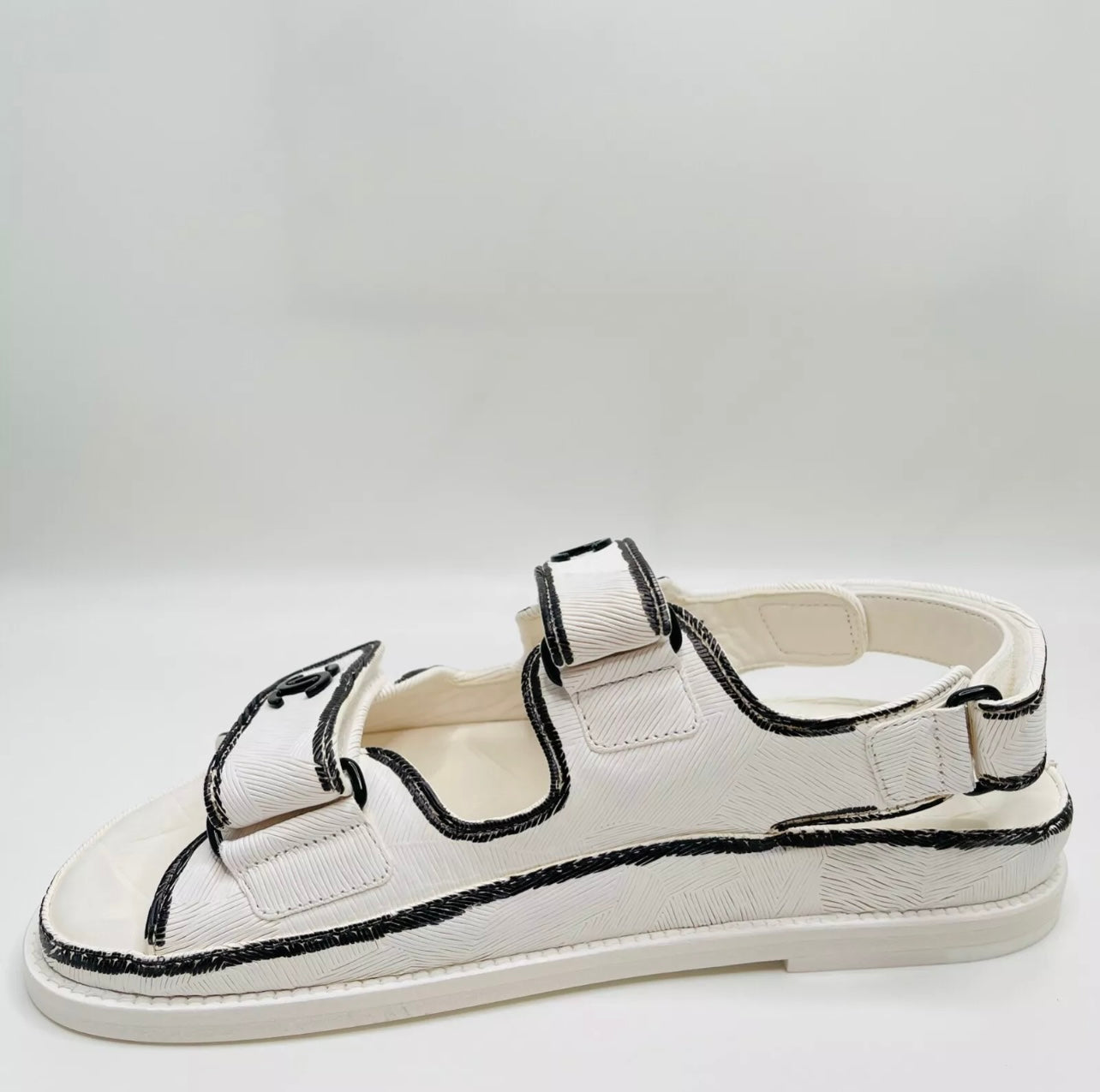 Chanel Dad White Black Print Printed Sandals Shoes – Miami Lux Boutique