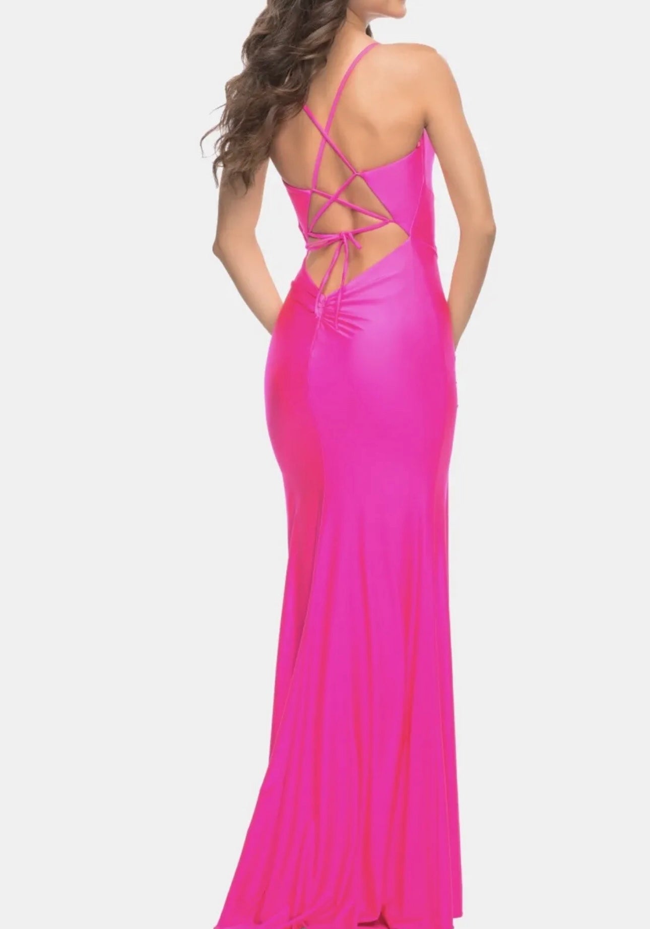 La Femme Asymmetrical Cutout Ruched Gown Hot Pink Pre-Owned