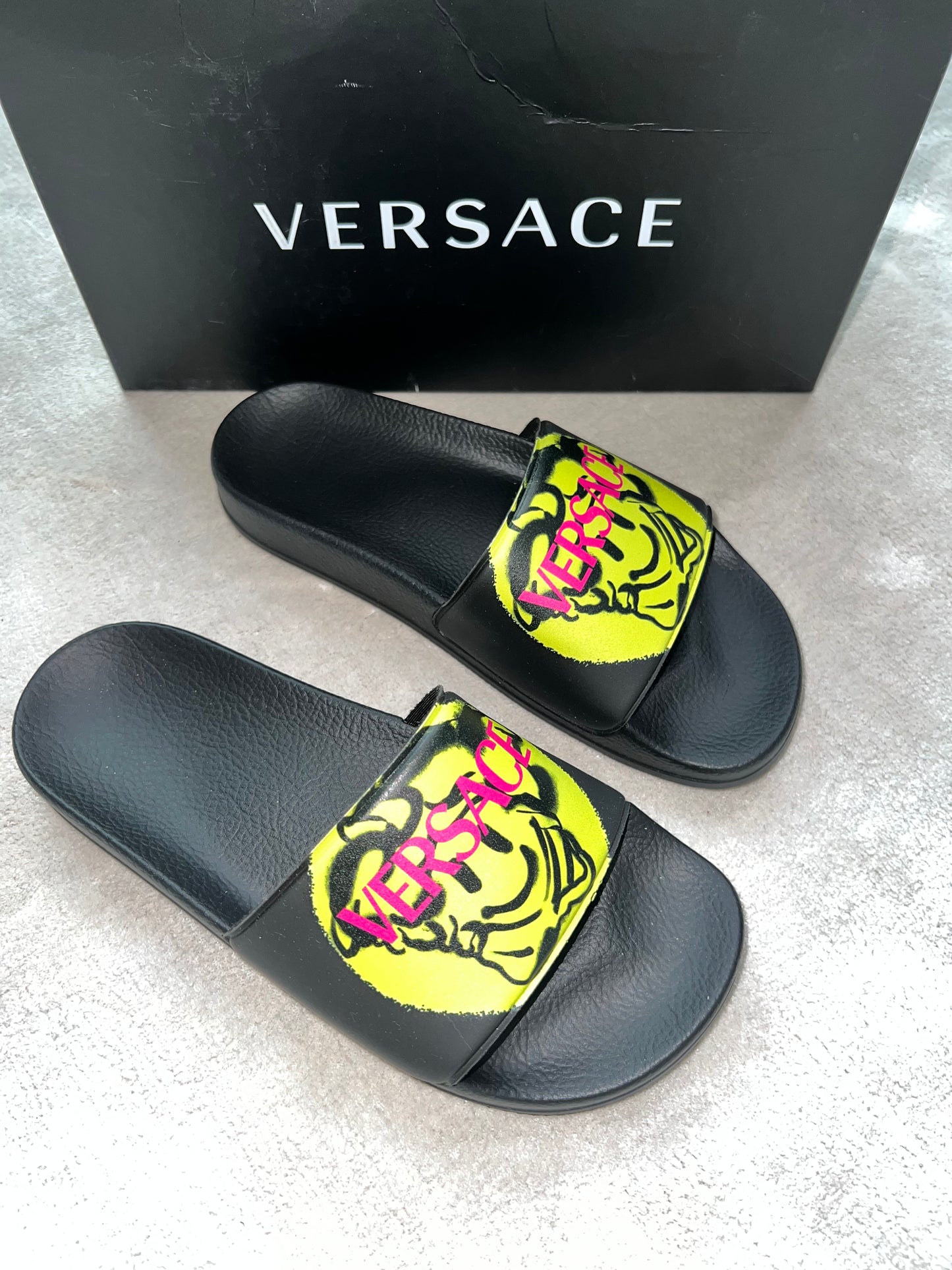 Versace Medusa Smiley Face Black Yellow Pool Slides Sandals