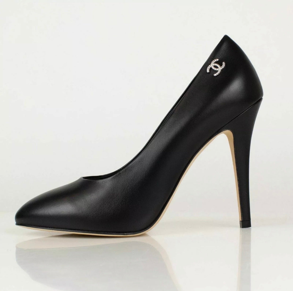 Chanel Classic Black Leather CC Silver Logo Pumps Shoes
