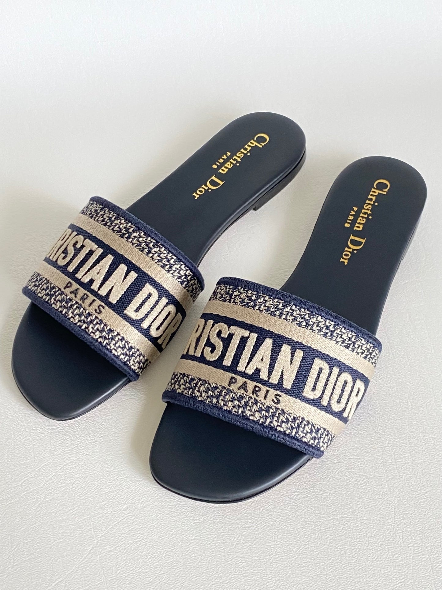 Dior Dway Deep Blue Embroidered Cotton Logo Slides