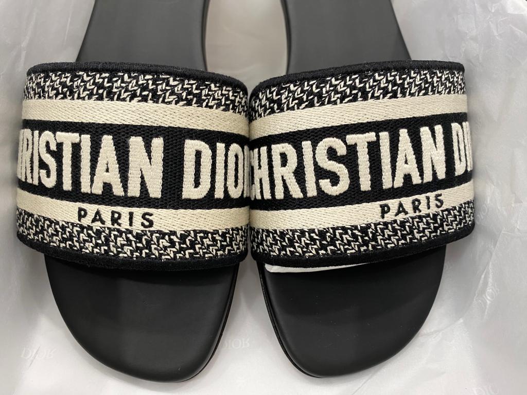 Dior Dway Black Fabric Slides Sandals Logo
