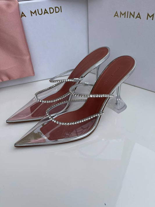 Amina Muaddi Gilda PVC Glass Clear Transparent Crystal Pointed Toe Pumps Mules