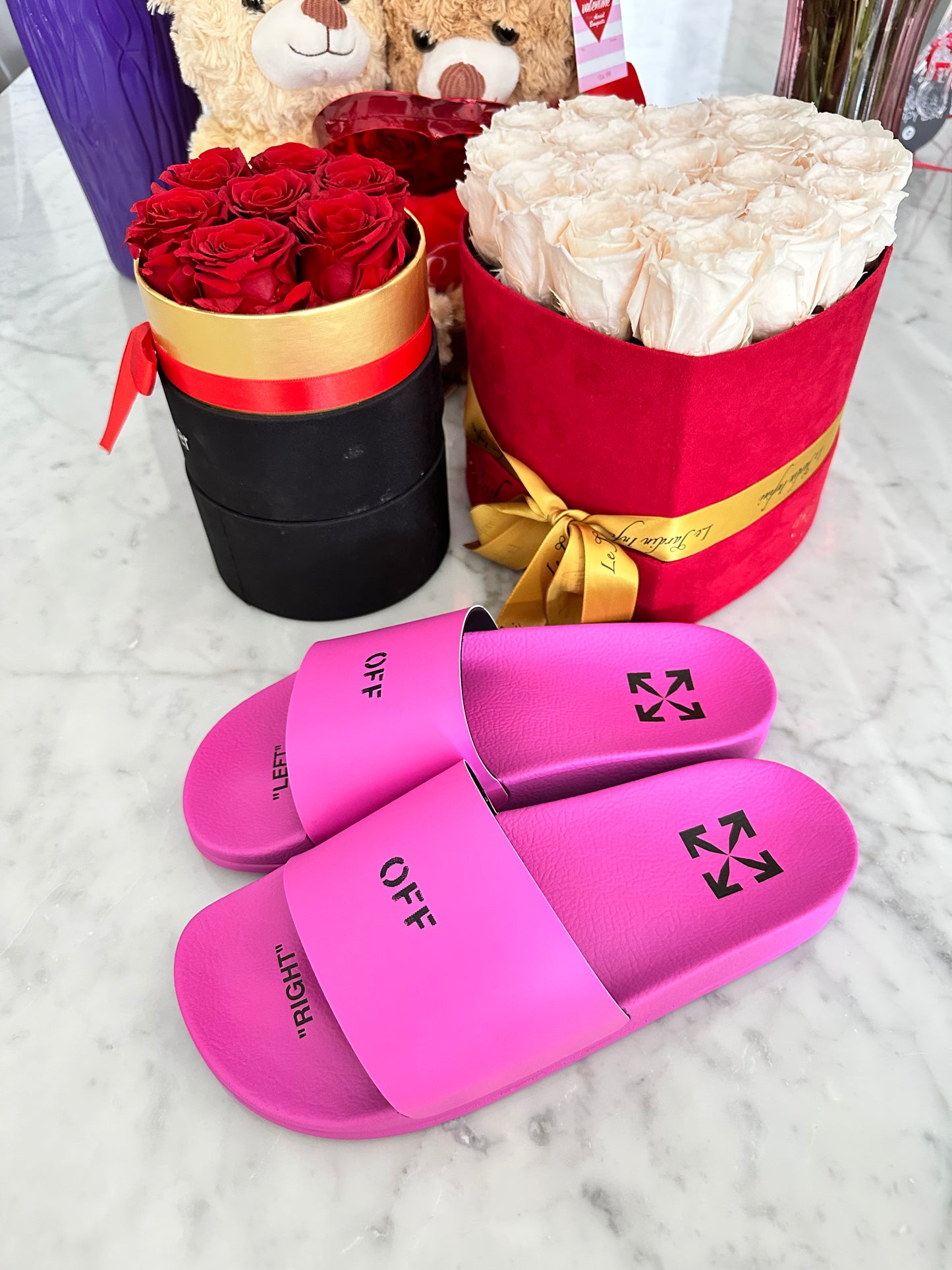 Off-White Pink Magenta Logo Rubber Pool Slides Sandals