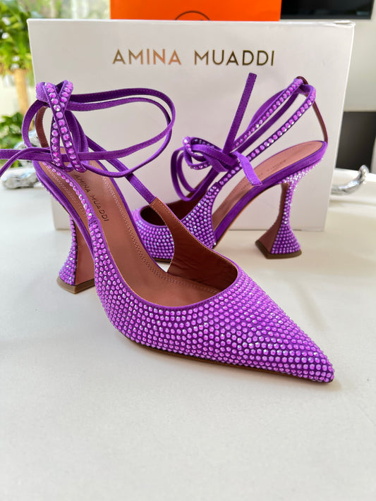 Amina Muaddi Karma Suede Crystal Embellished Lace Up Pumps Violet