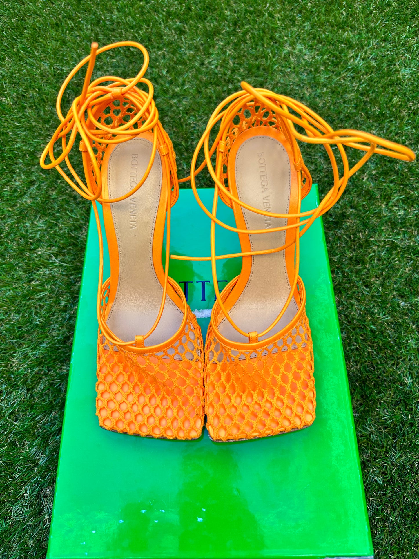 Bottega Veneta Stretch Orange Tangerine Caged Mesh Heels Sandals Pumps