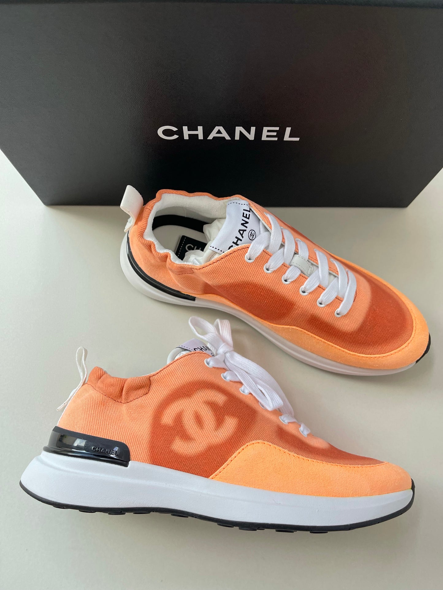 Chanel Denim Suede Calfskin Neon Orange CC Logo Trainers Sneakers