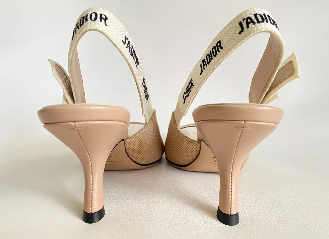 CHRISTIAN DIOR J'ADIOR FABRIC & RIBBON BEIGE KITTEN HEEL SHOES SLINGBACKS