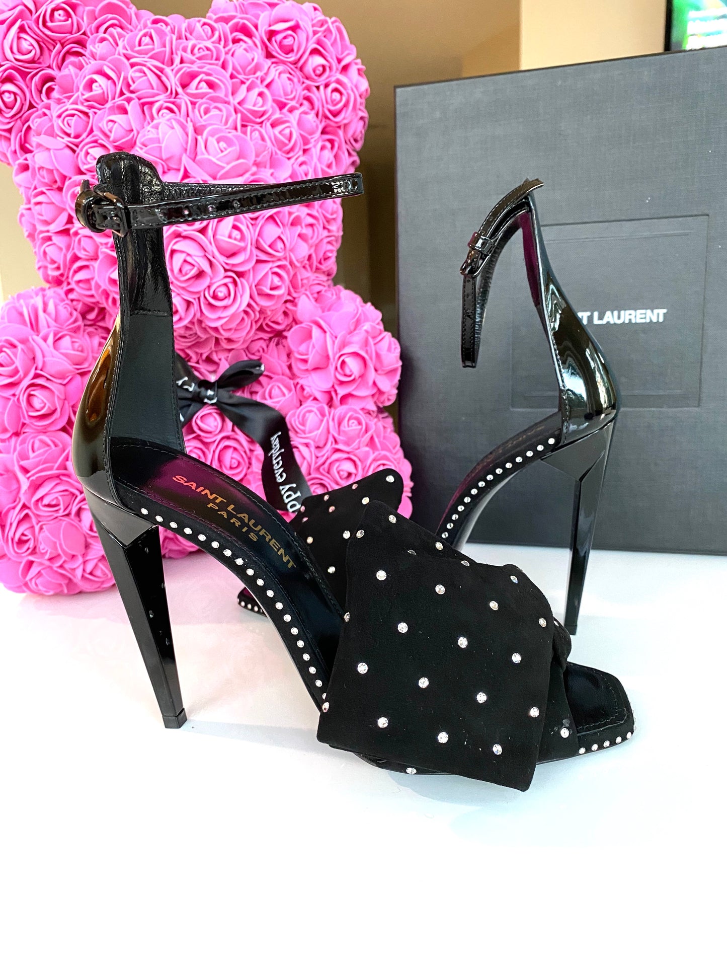 SAINT LAURENT FREJA BLACK SUEDE BOW CRYSTAL STRASS OPEN TOE SANDAL SHOES