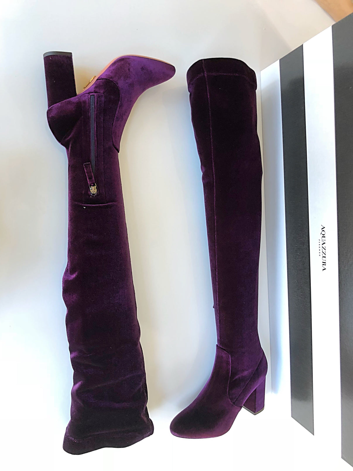 AQUAZZURA VELVET 85 THIGH HIGH PURPLE SO ME ZIP OVER KNEE BOOT BOOTS â Miami Lux Boutique
