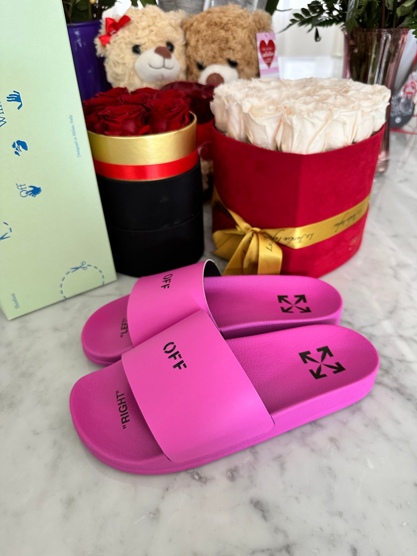 Off-White Pink Magenta Logo Rubber Pool Slides Sandals