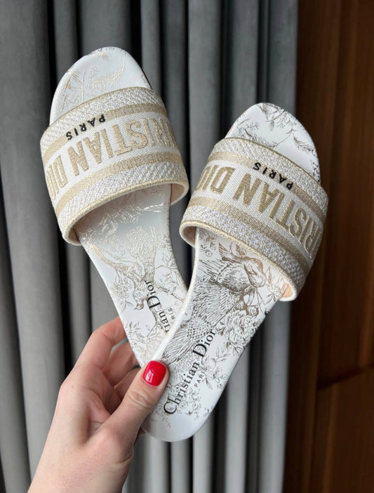 Dior Dway White Gold Embroidered Cotton Motif Slides Flats
