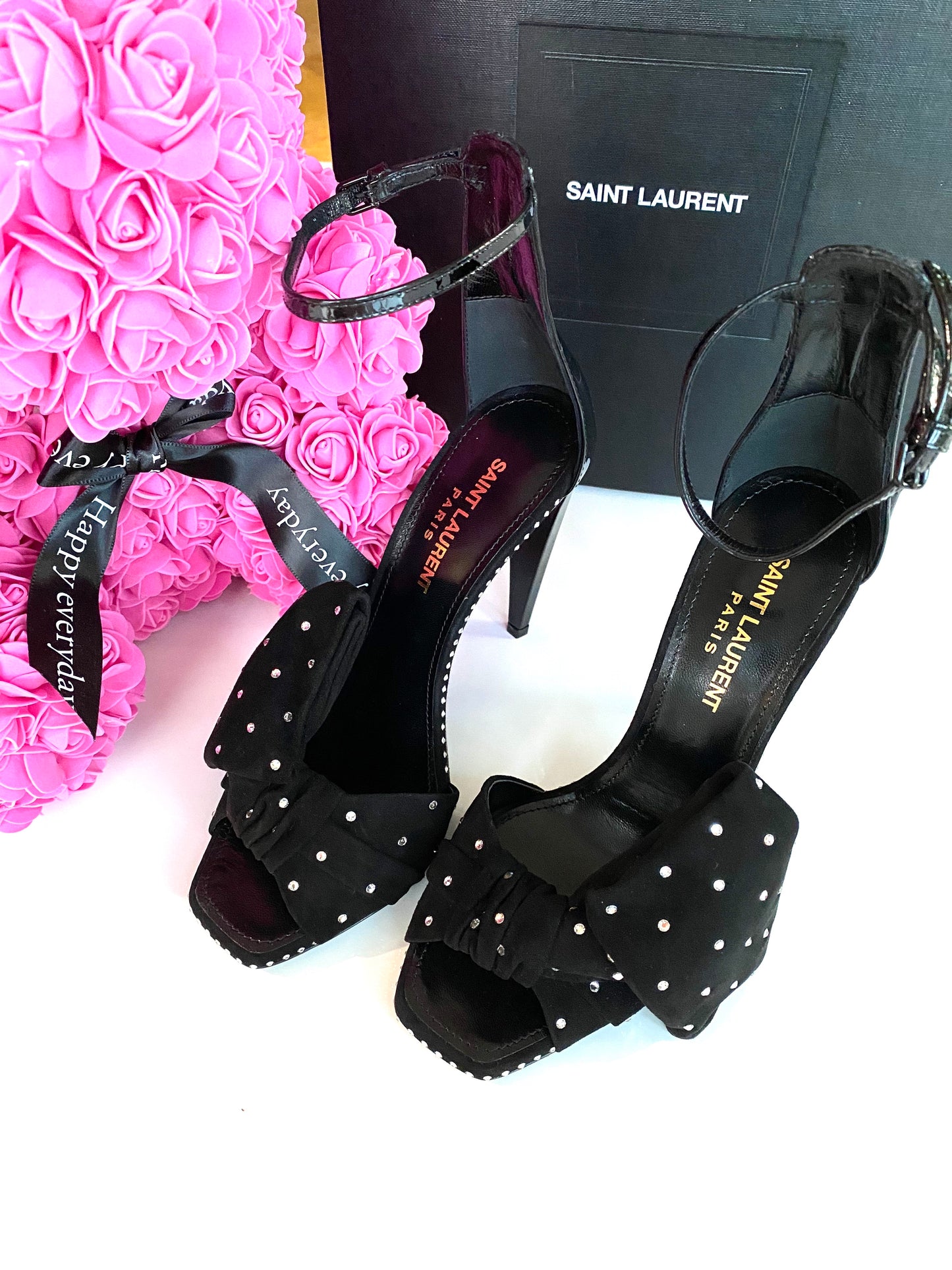 SAINT LAURENT FREJA BLACK SUEDE BOW CRYSTAL STRASS OPEN TOE SANDAL SHOES