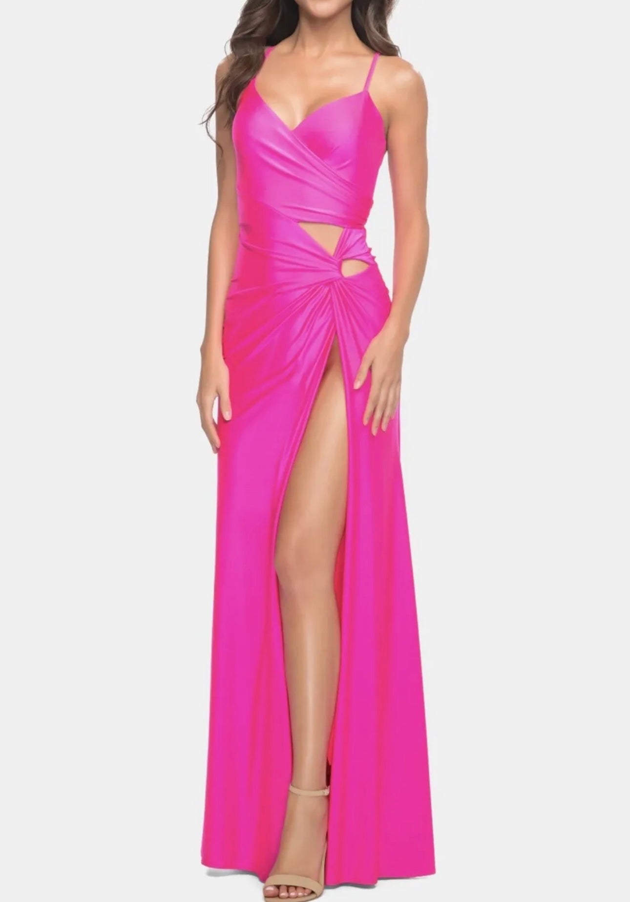 La Femme Asymmetrical Cutout Ruched Gown Hot Pink Pre-Owned