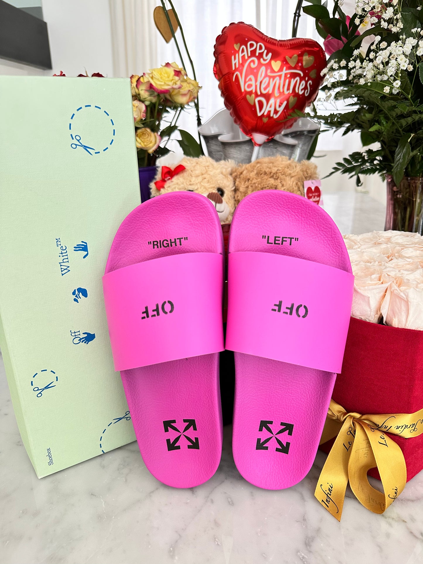 Off-White Pink Magenta Logo Rubber Pool Slides Sandals