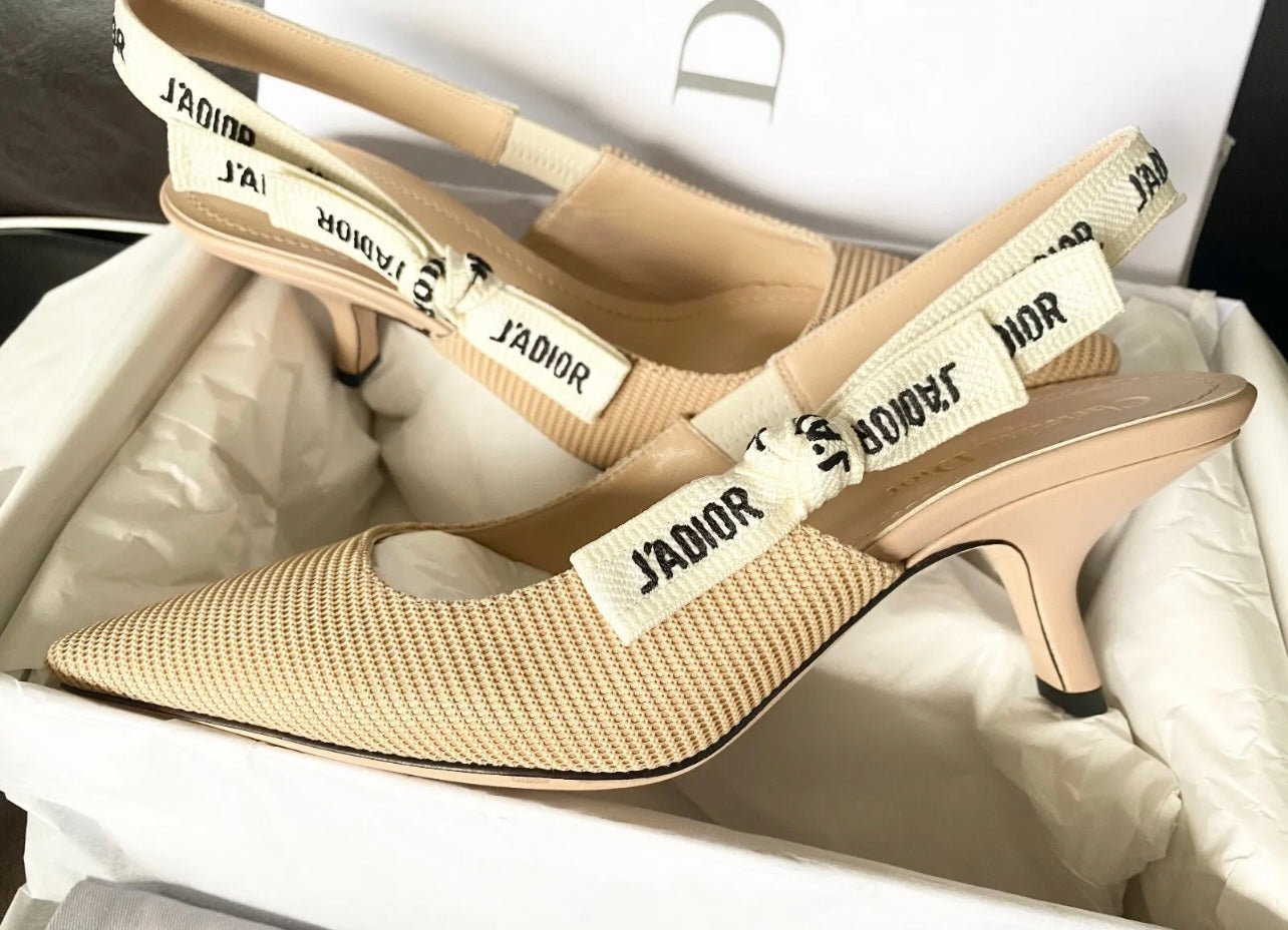 CHRISTIAN DIOR J'ADIOR FABRIC RIBBON BEIGE KITTEN HEEL SHOES