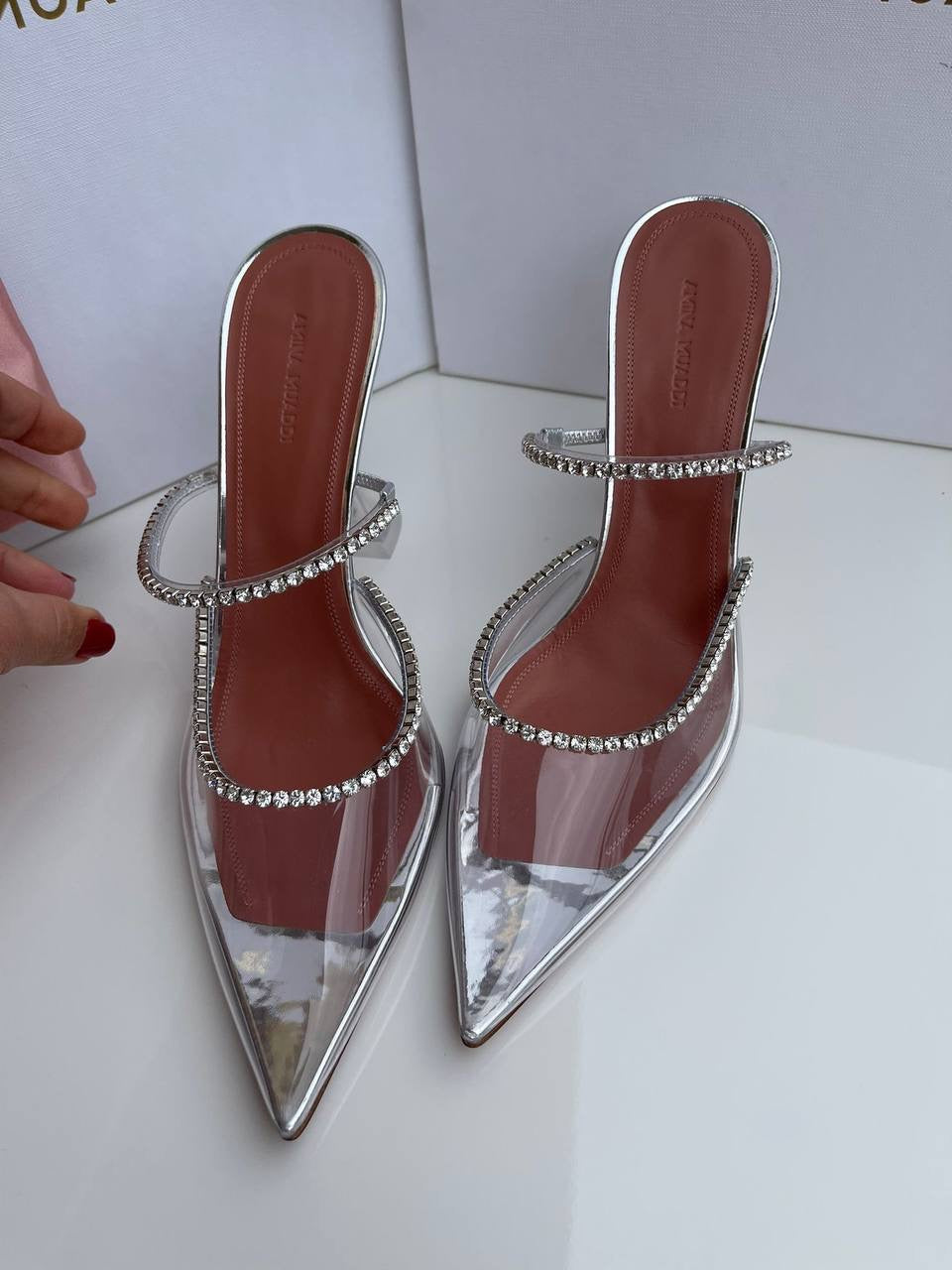 Amina Muaddi Gilda PVC Glass Clear Transparent Crystal Pointed Toe Pumps Mules