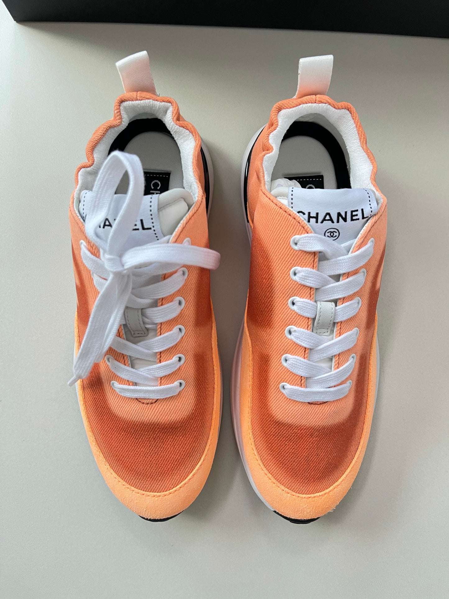 Chanel Denim Suede Calfskin Neon Orange CC Logo Trainers Sneakers