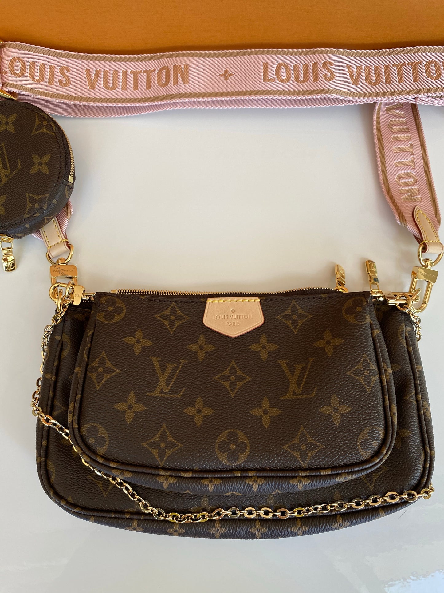 Louis Vuitton Multi Pochette Brown LV Print Rose Pink Green Strap Cross Body Bag Accessories