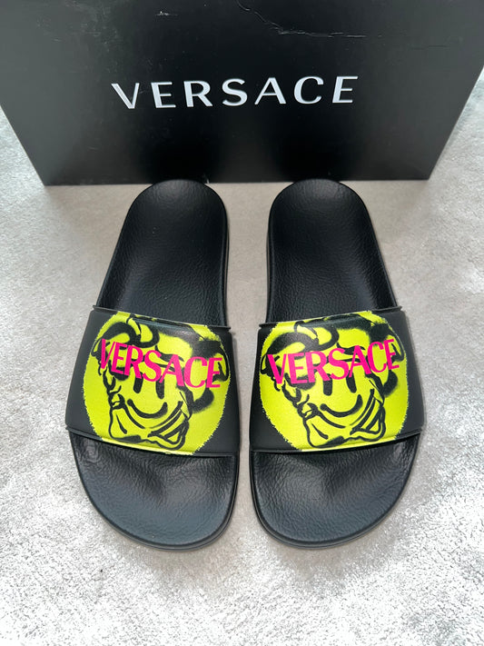 Versace Medusa Smiley Face Black Yellow Pool Slides Sandals