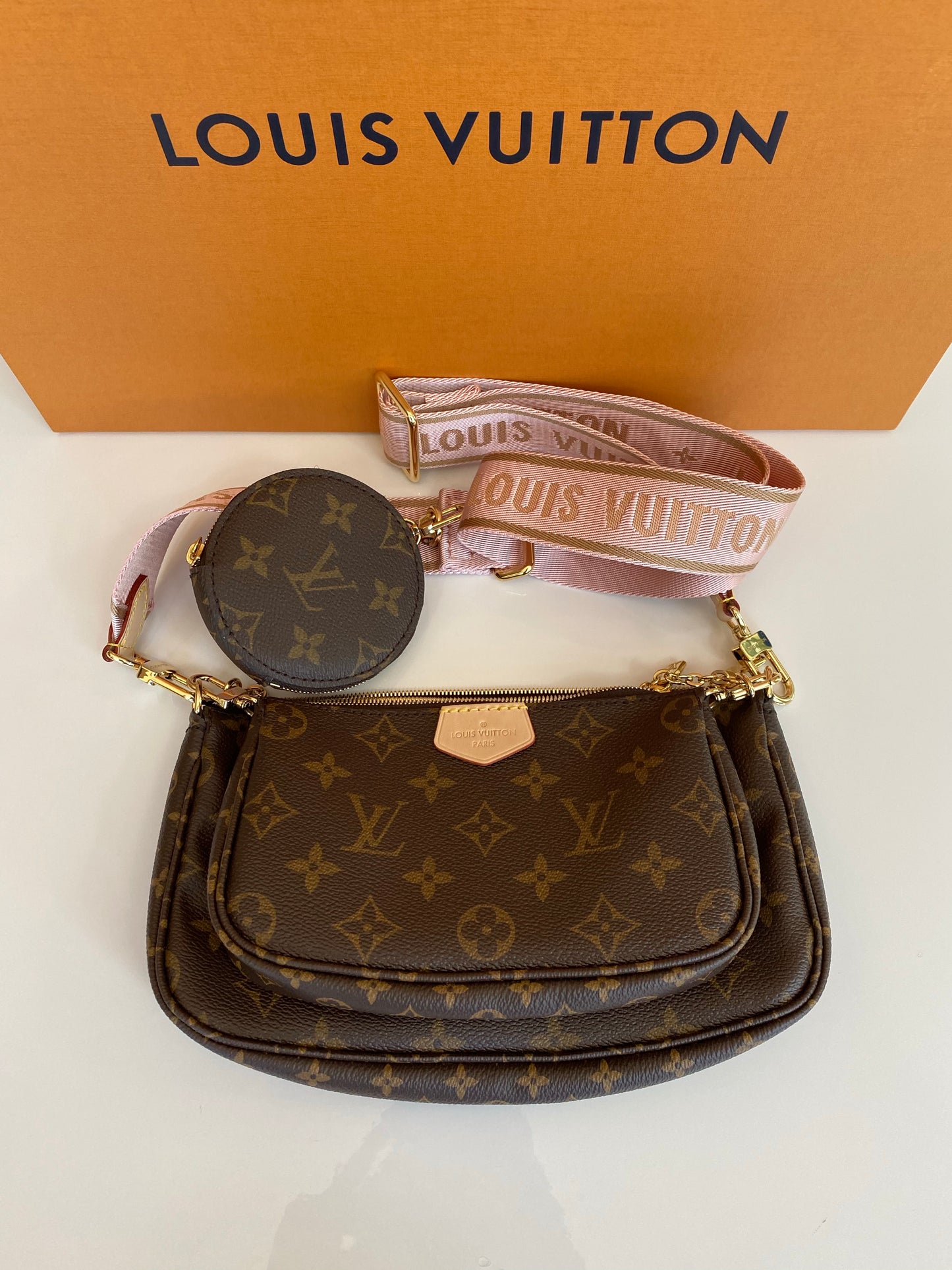 Louis Vuitton Multi Pochette Brown LV Print Rose Pink Green Strap Cross Body Bag Accessories