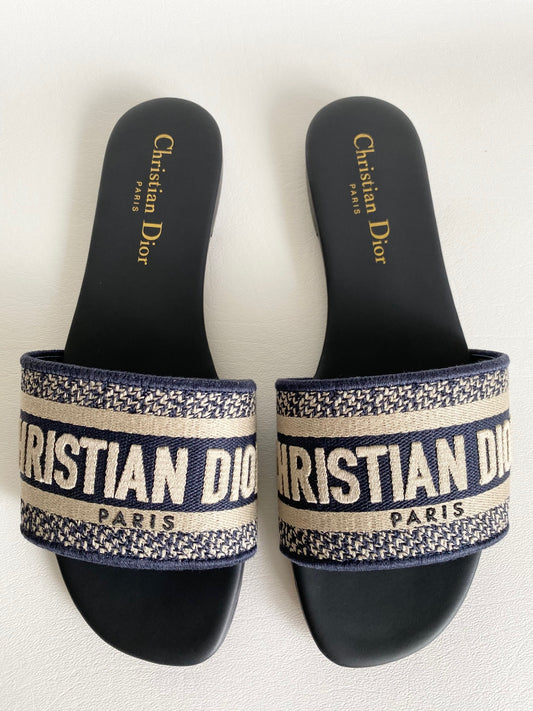 Dior Dway Deep Blue Embroidered Cotton Logo Slides